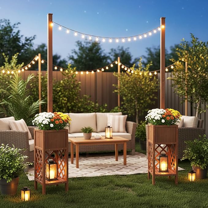 2 Pack 8.6FT Outdoor String Light Poles with Planter Box, Freestanding Patio Light Posts for Hanging Lights, Wood Lattice Planter with Bottom Storage Shelf, Weatherproof, Lights Not Included