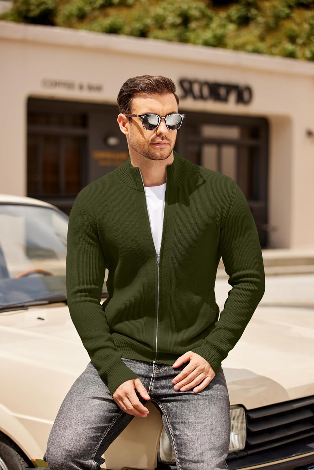 COOFANDY Mens Zip Up Cardigan Sweater Slim Fit Casual Full Zip Sweaters Knit Stand Collar Cardigans with 2 Front Pockets - Image 2