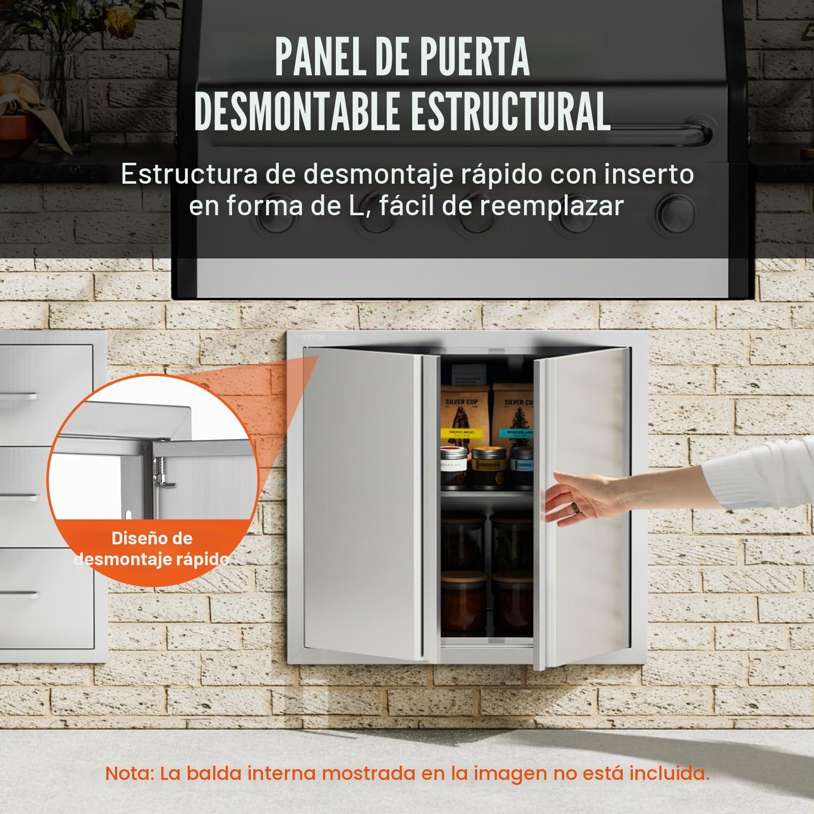 VEVOR Acceso a Barbacoa 660 x 610 x 45 mm, Cocina Exterior Doble Puerta Empotrada de Acero Inoxidable Con Manija para Isla de Barbacoa, Estación de Parrilla, Armario Exterior