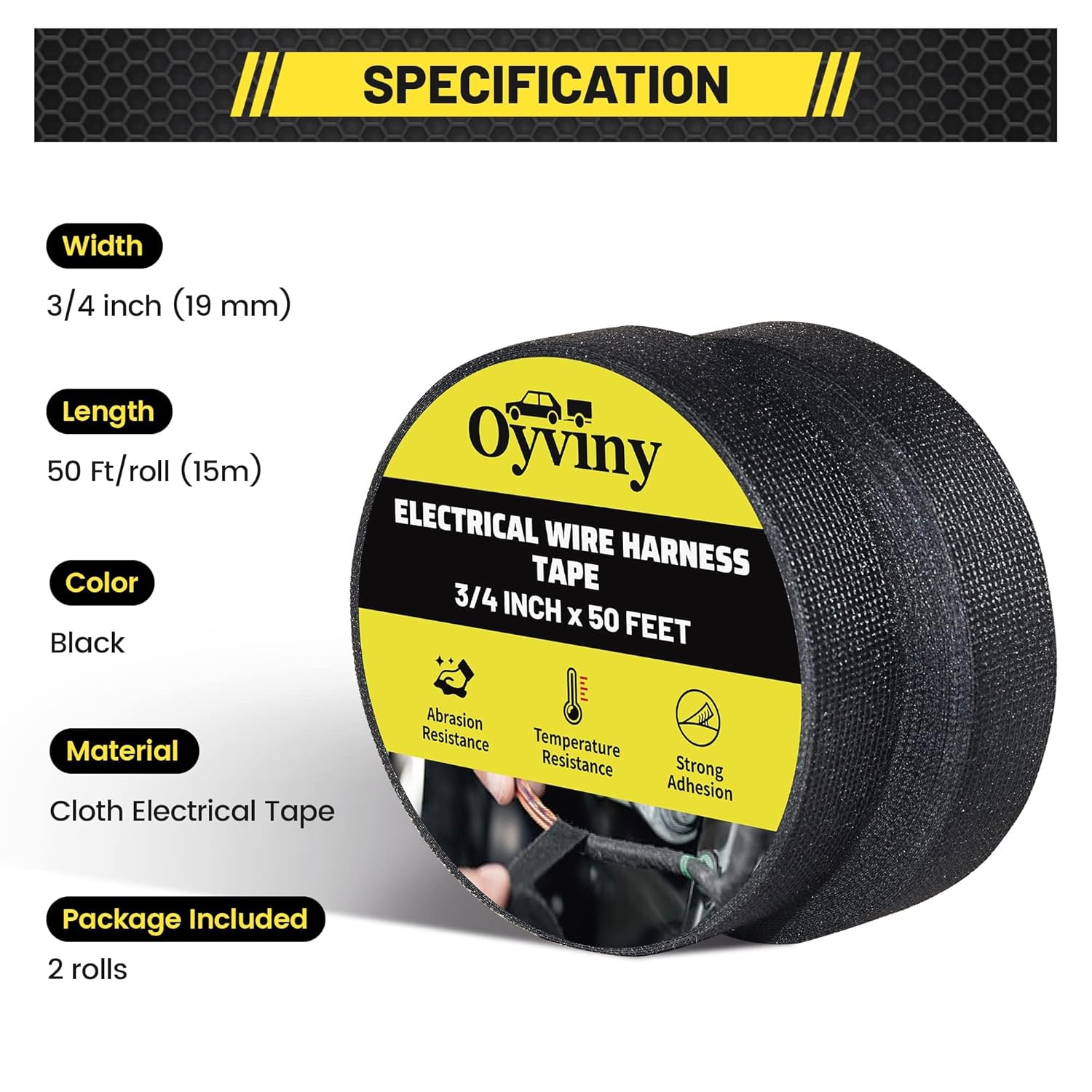 Oyviny Wire Harness Cloth Tape 3/4-Inch by 50-Foot, Self-Adhesive Fabric Tape for Automotive Engine and Electrical Wiring Harness Noise Damping, High Temp Wire Loom Tape, 2 Rolls