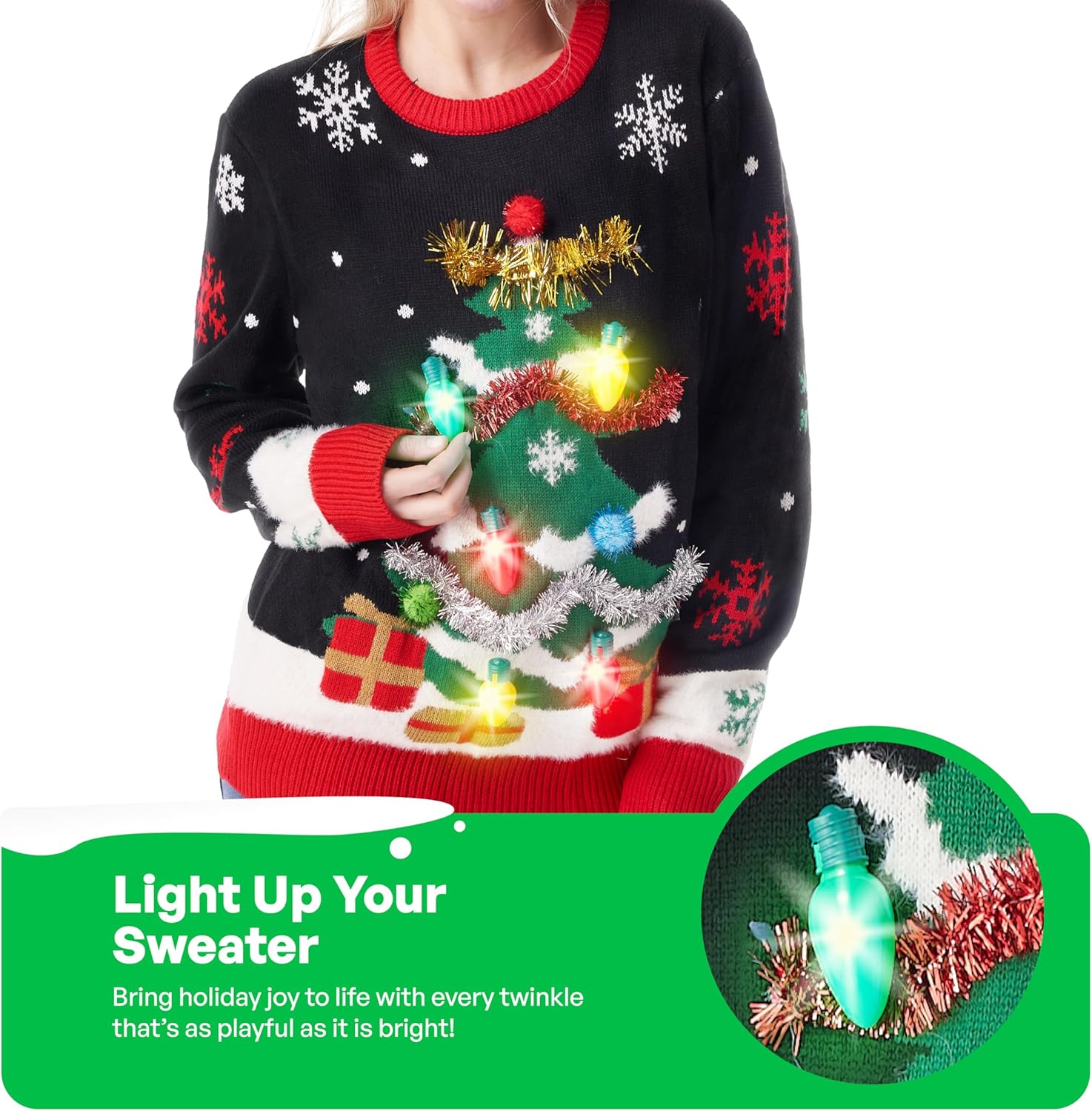 Giggling Getup Ugly Christmas Sweater with Light, LED Ugly Christmas Sweater for Women Men Kids 2025 Christmas Tree(Black) - Image 3