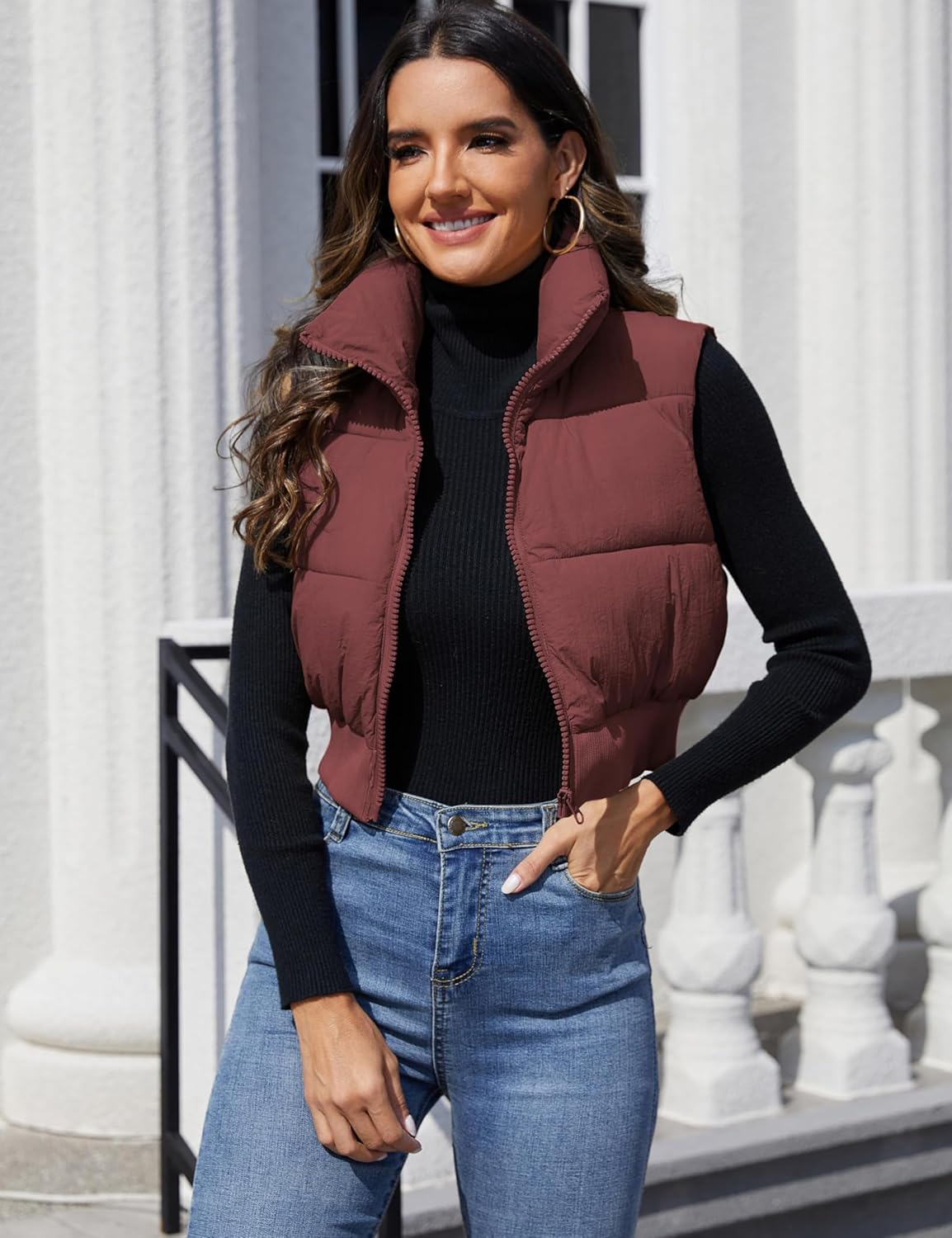 Dqbeng Womens Cropped Puffer Vest Zip Up Sleeveless Jacket Lightweight Stand Collar Quilted Winter Outerwear - Image 2