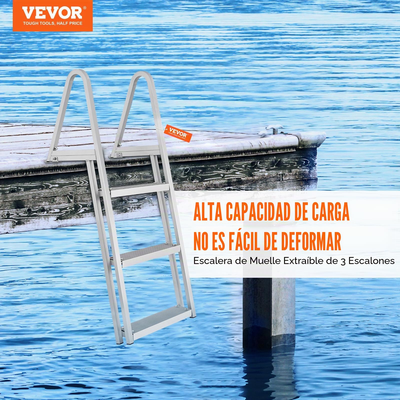 VEVOR Escalera de Muelle, 3 Escalones Extraíbles, Escalera de Pontón de Aleación de Aluminio con Escalón Pedales Antideslizantes Fácil de Instalar para Barco, Lago, Piscina, Embarque Marino