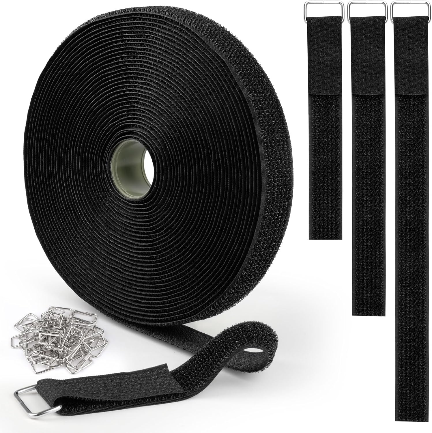 Hook and Loop Straps 1inch x 32ft with 50 Metal Buckles, Cut to Length Cinch Straps Heavy Duty, Adjustable Fastening Cable Straps, Reusable Nylon Securing Cord Ties for Organizer, Black