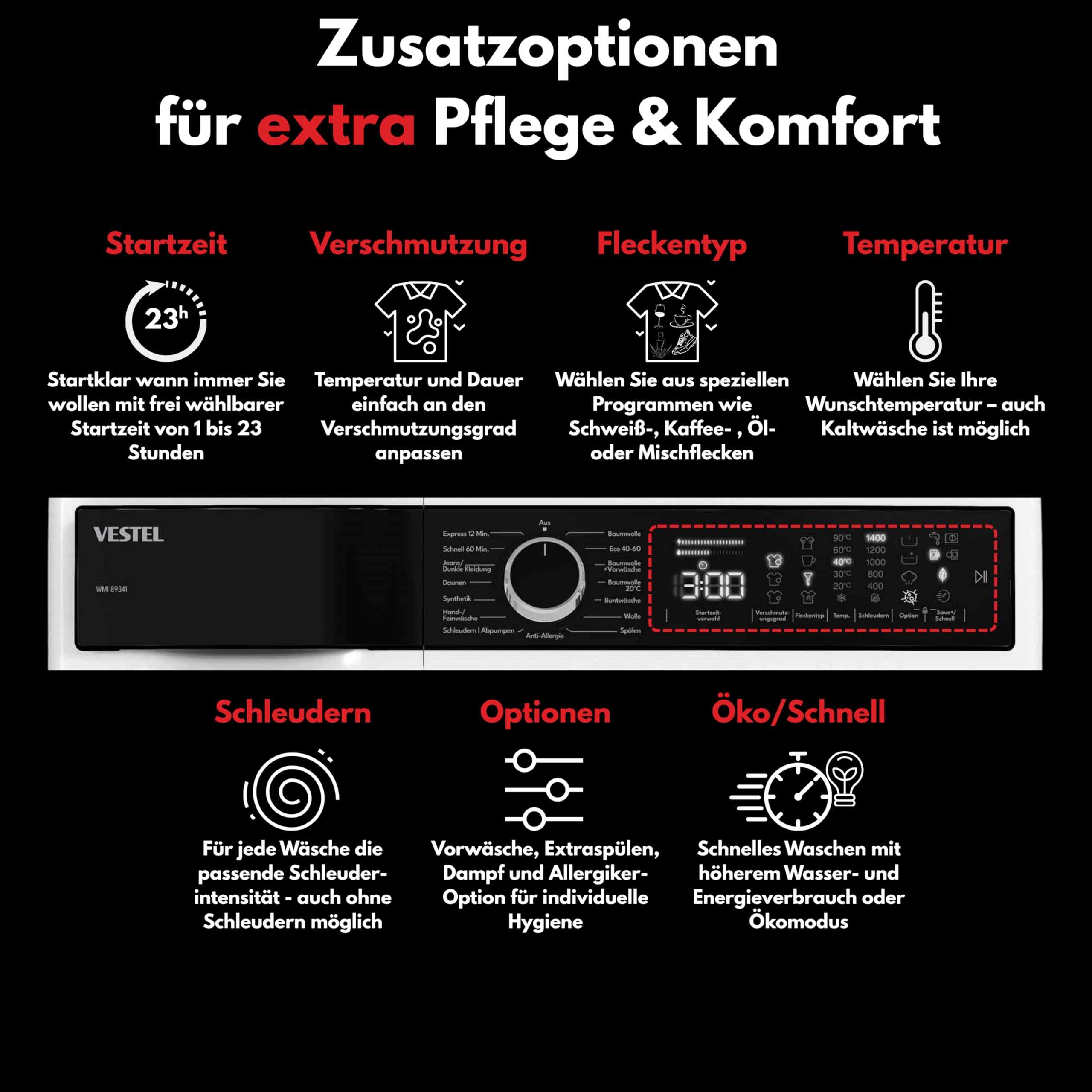 VESTEL WMI 89341 Waschmaschine 8 kg Frontlader – 1400 U/min, Inverter-Motor, Dampffunktion, AquaStop, leise, energieeffizient, unterbaufähig, Weiß