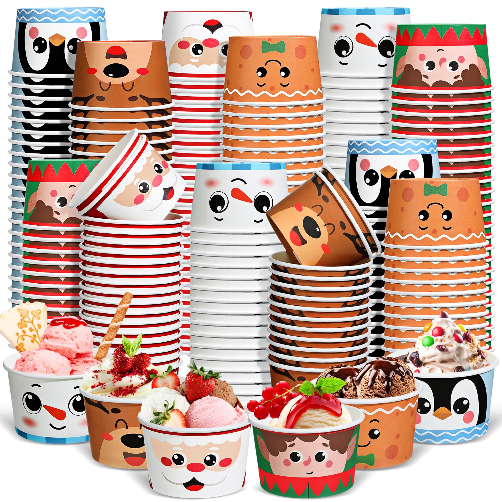 Ziliny 240 Pcs 8 oz Christmas Ice Cream Cups, Disposable Dessert Bowls Christmas Themed Treat Snack Cups Holiday Ice Cream Bowls Yogurt Cups Sundae Bowls for Hot Cold Food Dessert Soup Party Supplies