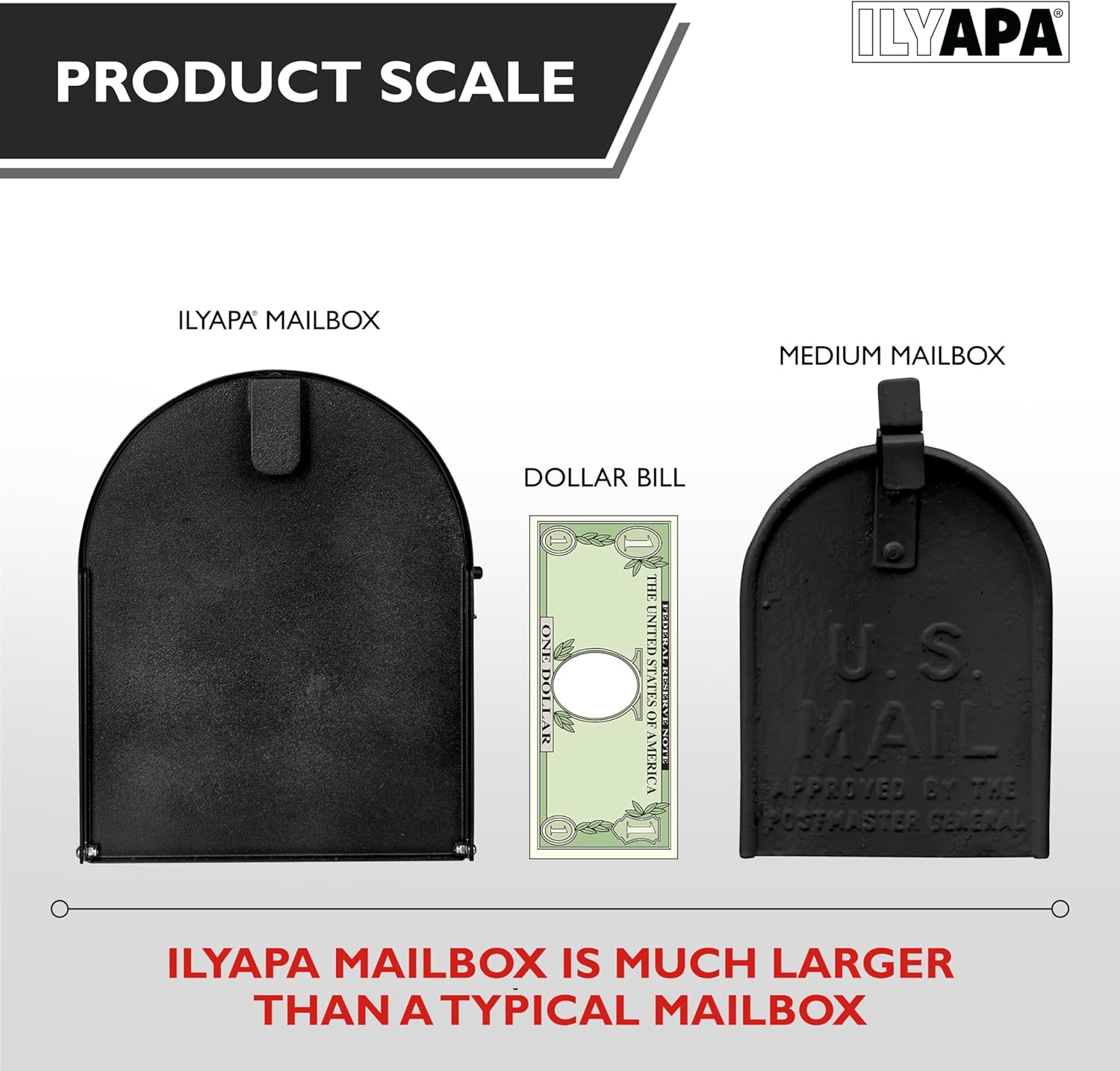 Ilyapa Black Modern Mailbox Post Mount - Mailboxes for Outside - Heavy Duty Metal Mail Box with Black Door- Powder Coated Steel, All Weather Resistant