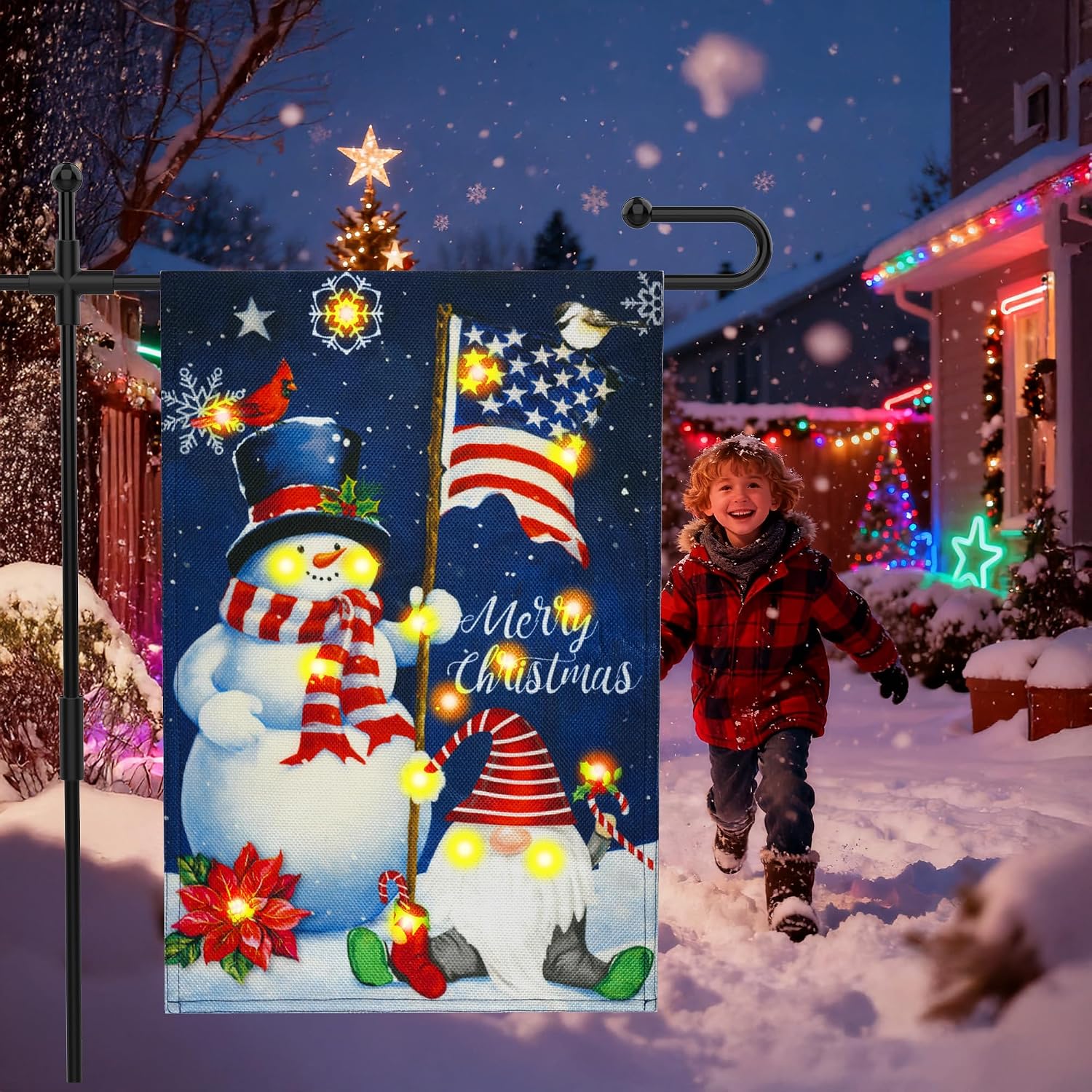 Solar Christmas Garden Flag，8 Modes Double Sided Outdoor Christmas Decorations，Led Snowman Garden Flag Winer Yard Flag （Snowman Flag）