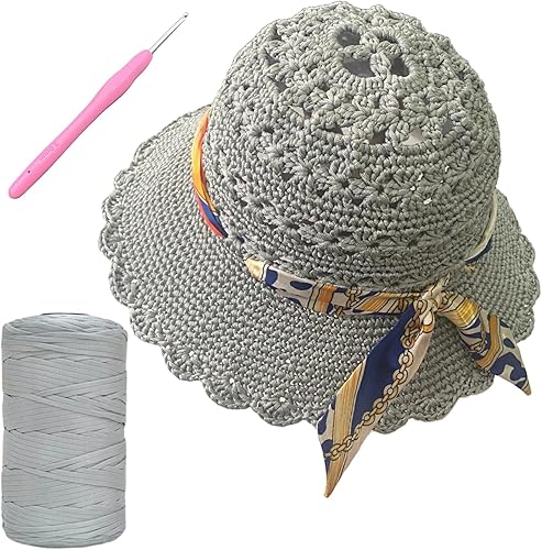 SHENJILL Kit de ganchillo para principiantes con hilo de ganchillo para mujer, sombrero de paja para el sol, kit de tejido para principiantes, kit