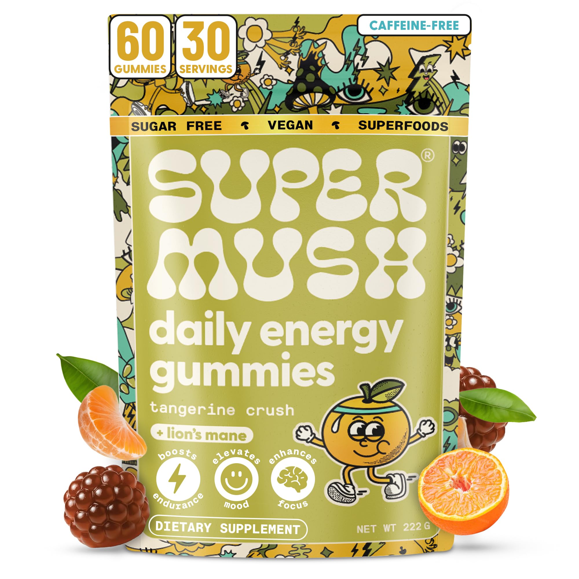 SuperMush Energy Mushroom Gummies - Organic Lions Mane Supplement with Cordyceps, Rhodiola, L-Theanine, Maca - Vegan & Sugar-Free - Energy, Focus, Stamina, Stress Reduction - 60 Gummies (30 Servings)