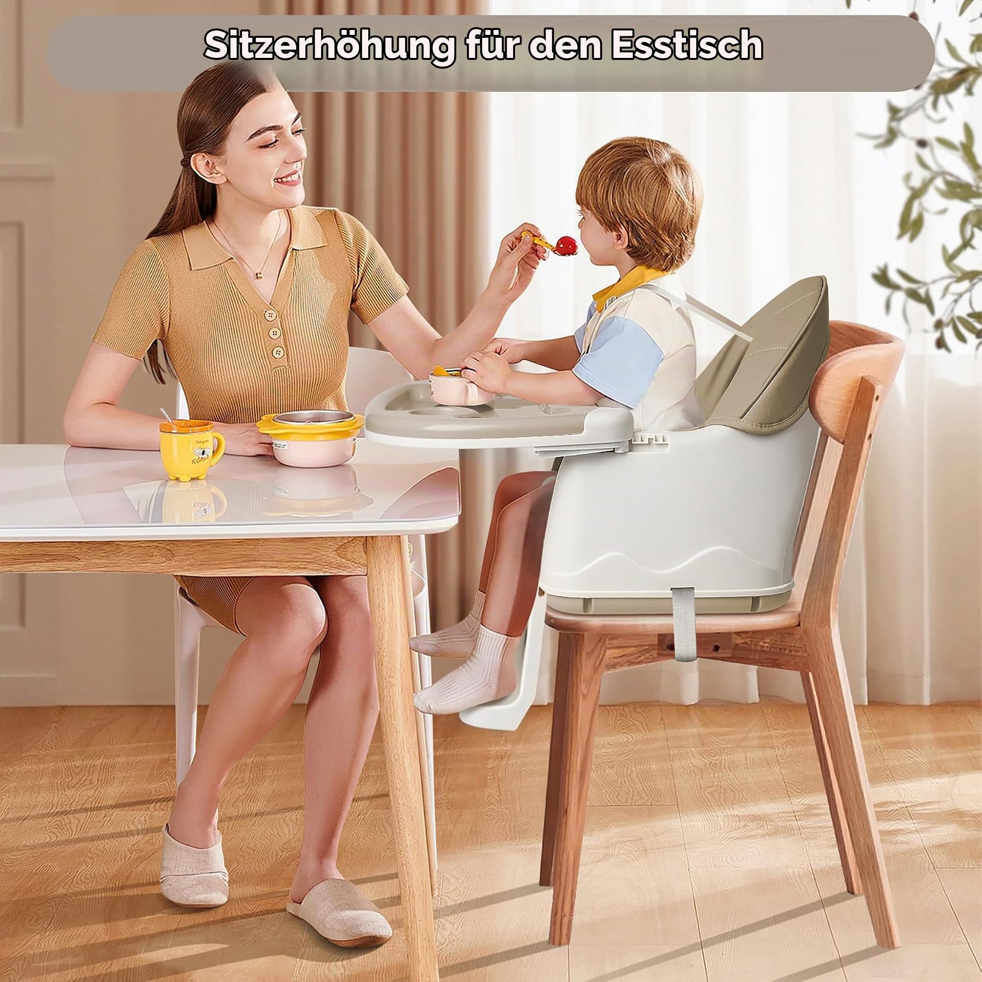 UISEBRT 3-in-1 Kinderhochstuhl, Klappbarer Baby Essstuhl mit Höhenverstellung, Verstellbarem Doppeltablett, Rollen und Abnehmbarem Sitz, Kombihochstuhl für Zuhause und Unterwegs, Beige