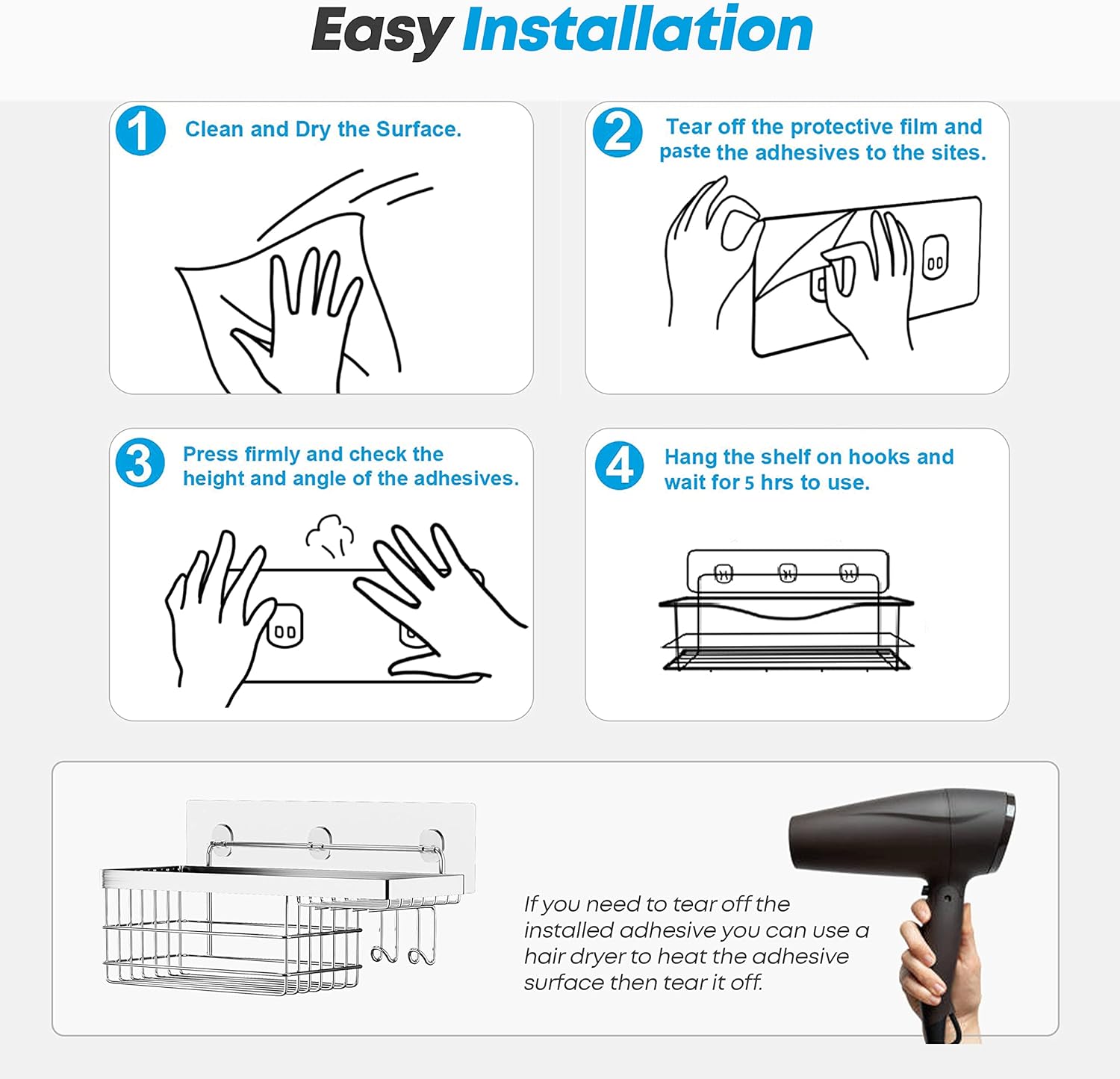 KESOL Shower Caddy and Soap Dish with Hooks Shower Shelf Organizer, No Drilling Adhesive Wall Mounted Bathroom Shelf, Rustproof SUS304 Stainless Steel (2 Pack), Silver