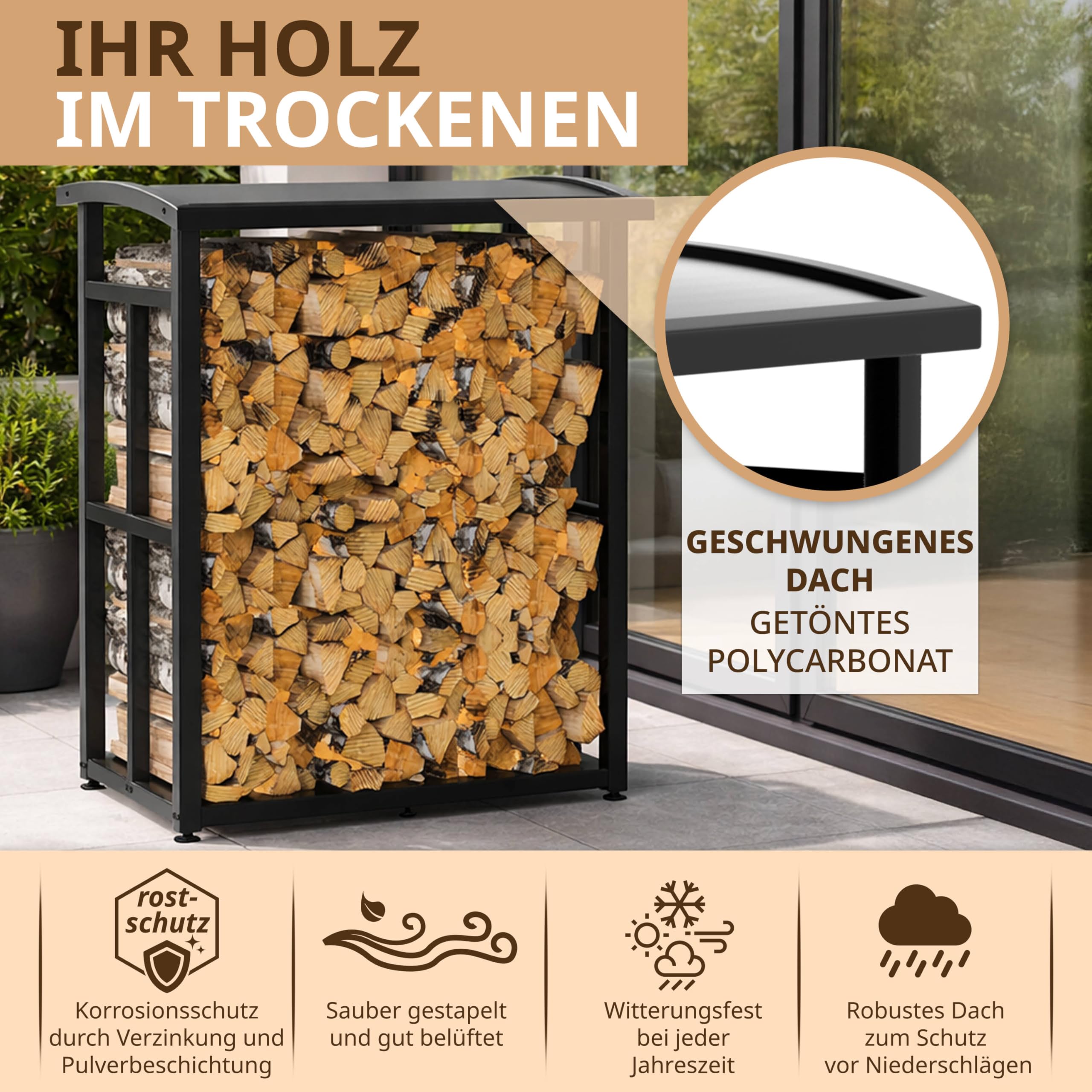 Kaminholzregal Metall klein 91×56×117cm | verzinkte Stapelhilfe für Brennholz, platzsparend, Stellfüße, Design, Terrasse, Garten, Balkon