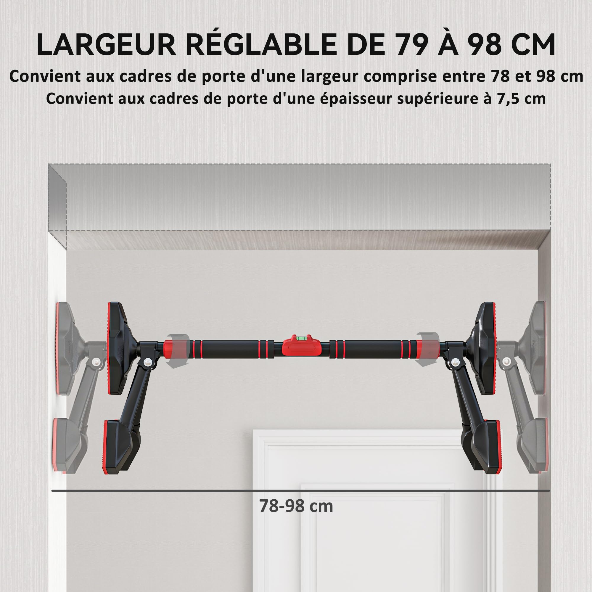 SPORTNOW Barre de traction réglable de 80 à 110 cm, barre de porte niveau intégré, structure triangulaire robuste, sans perçage, support à 6 points, poignées antidérapantes, jusqu'à 225 kg, noir