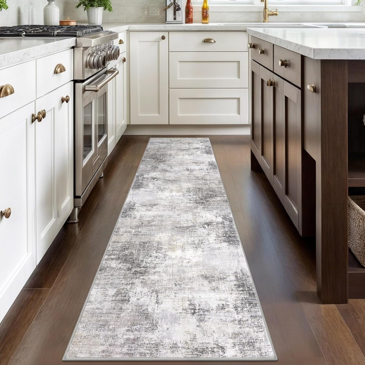 IOHOUZE Abstract Runner Rug 2x8 Ft Washable Runners for Hallways, Non Slip Kitchen Runner Printed Faux Wool Entryway Runner Indoor, Modern Abstract Floor Carpet for Hall Kitchen Bedroom, Grey Beige 2' x 8' (Runner) Ash Grey/Beige