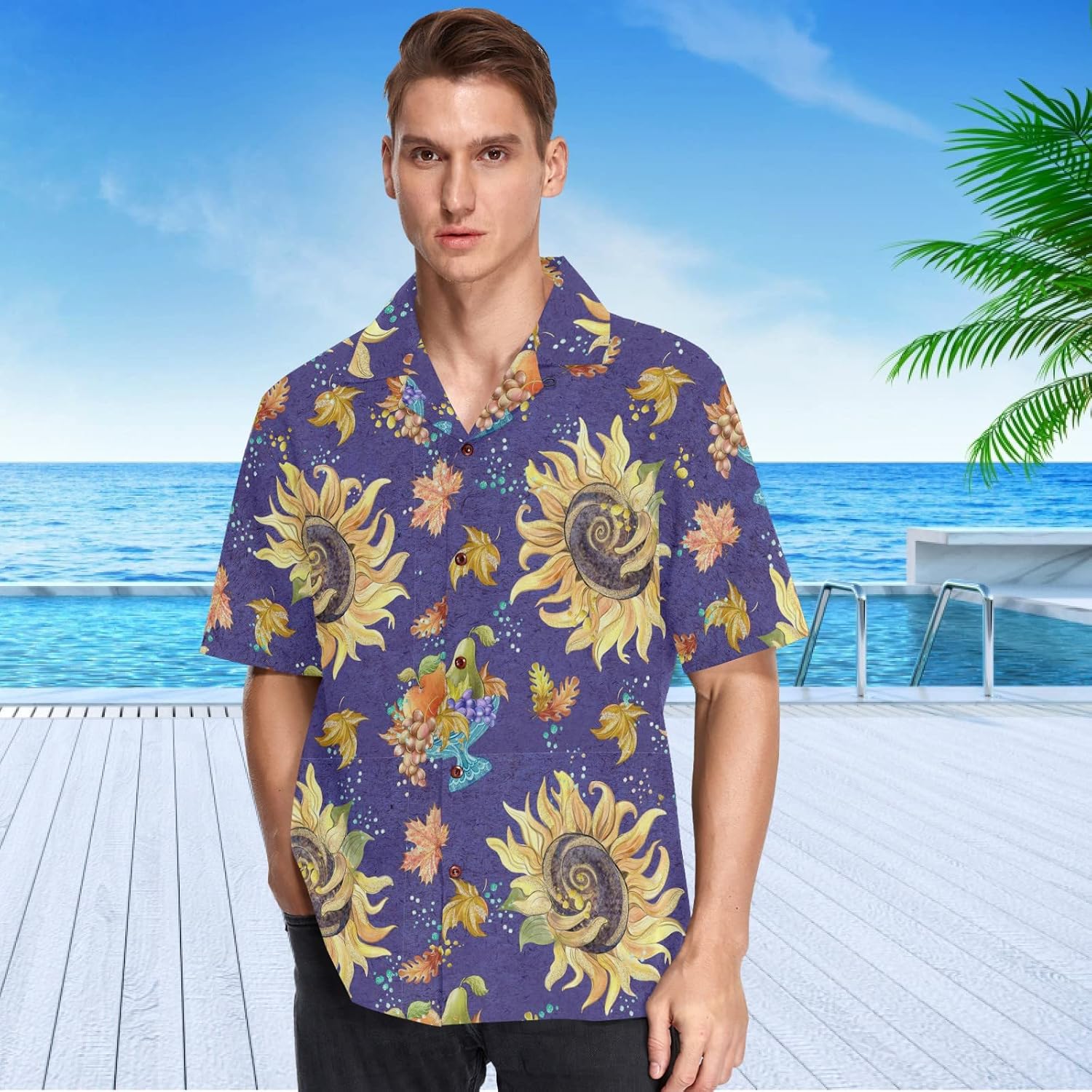 Visesunny Men's Hawaiian Print Button Down Short Sleeve Shirt - Quick Dry, Beach Vacation Shirt (Large)
