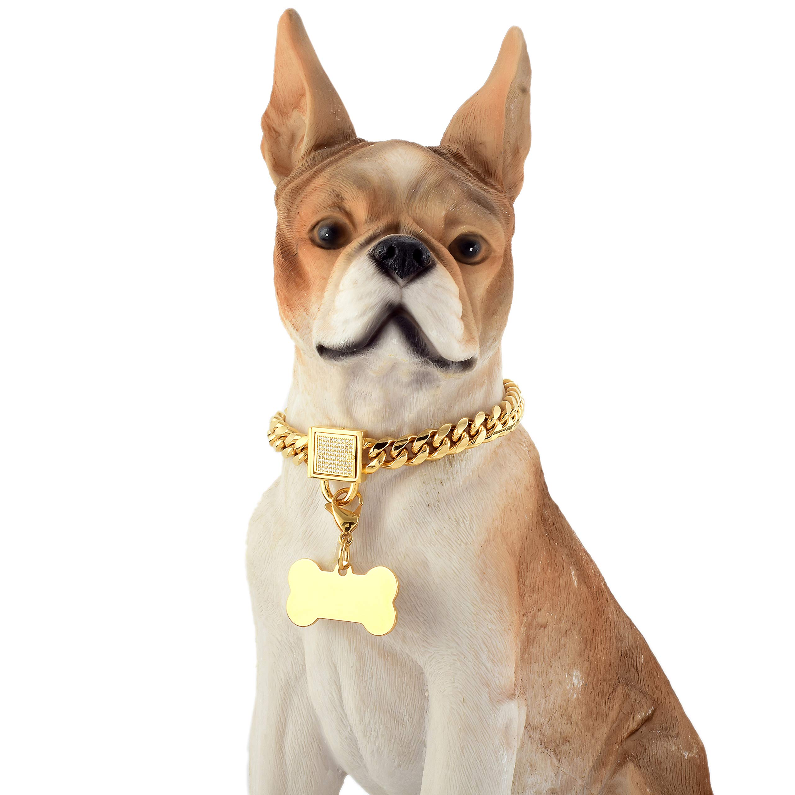Gold Dog Chain Collar with Tag and Ice-Out Cubic Zirconia Stones Secure Buckle 18K Metal Stainles Steel Cuban Link Chain 6MM Heavy Duty Walking Training Collar for Puppy Kitty (10MM, 10