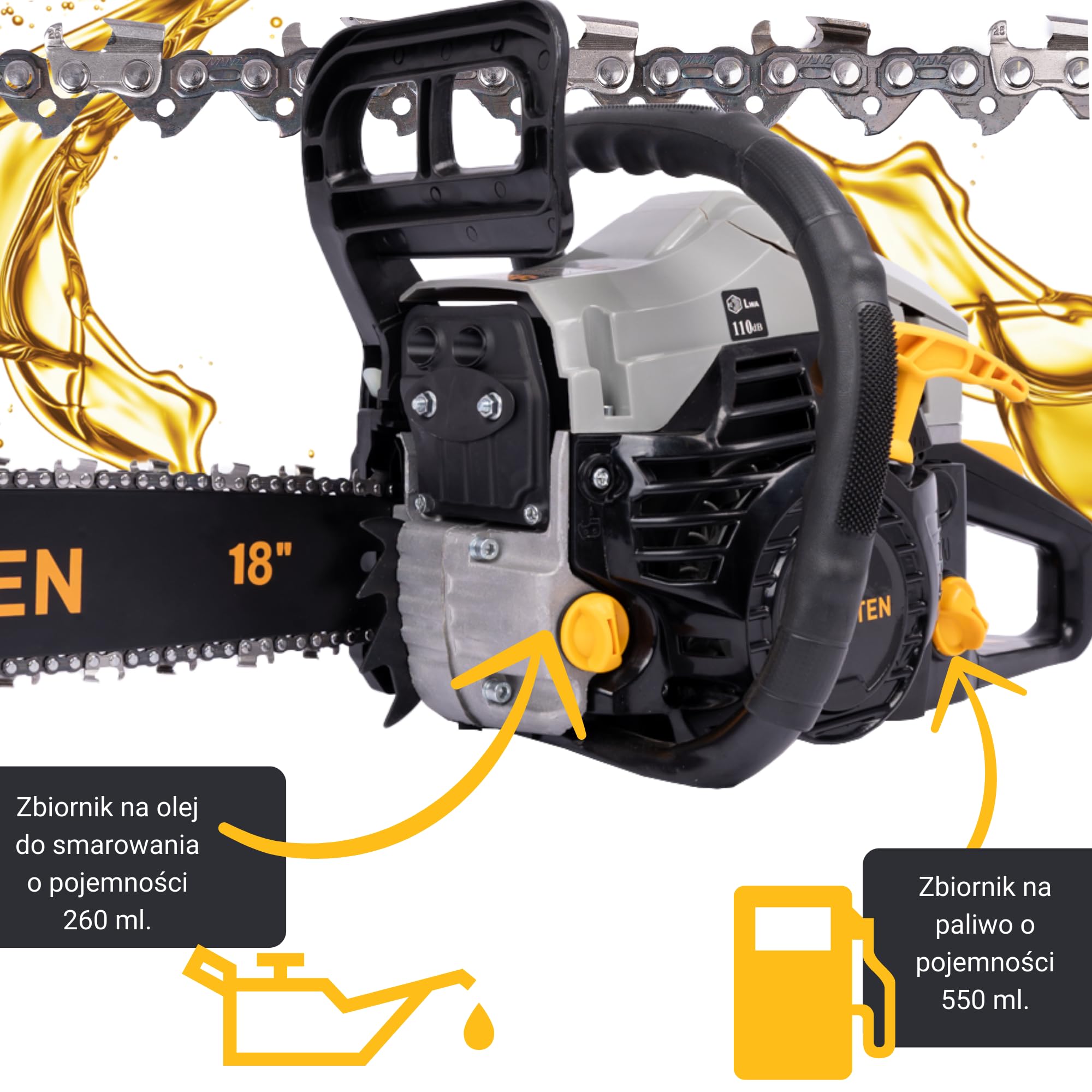 BESTEN Piła Łańcuchowa Spalinowa do Drewna 58CC, Piła Benzynowa z Hamulcem, Automatyczne Smarowanie, System EASY START, 2x Prowadnica, 2x Łańcuch