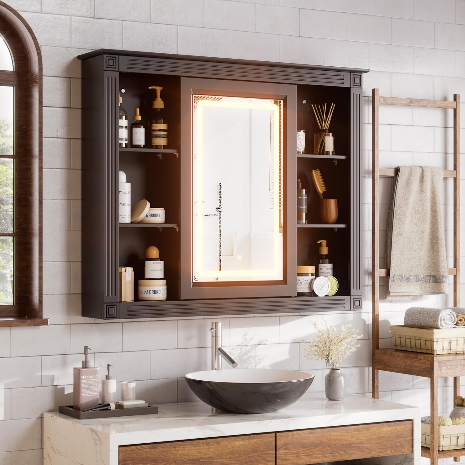 PAKASEPT Bathroom Medicine Cabinet with Mirror, Wood Medicine Cabinet Over The Toilet Storage Organizer with Mirrored Doors, Bathroom Wall Mirror Cabinet