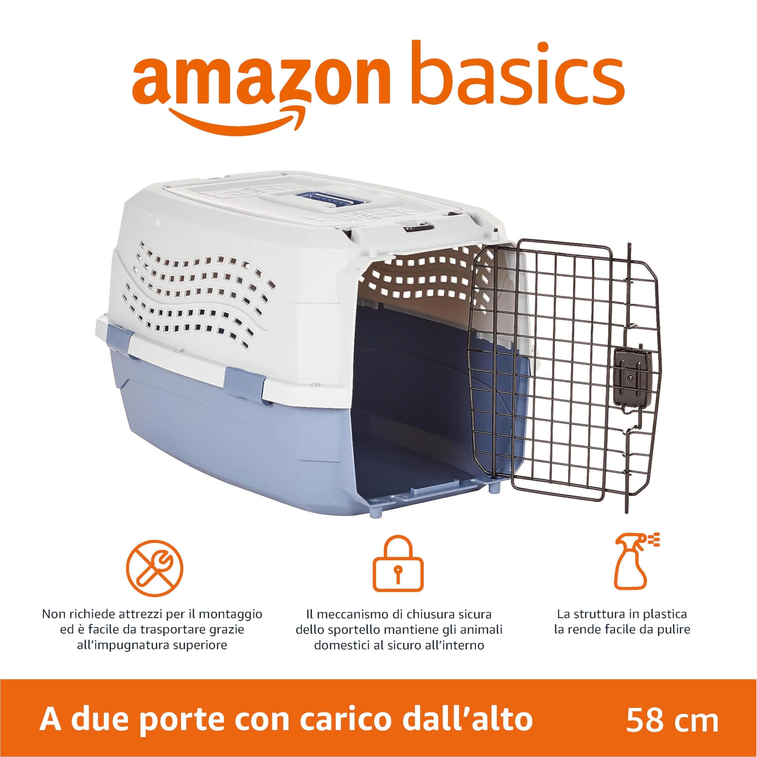 Amazon Basics Cuccia per Animali Domestici a Due Porte con Caricamento dall'alto da 23 Pollici L 58 x P 38 x H 33 cm, Cane Gatto, Blu