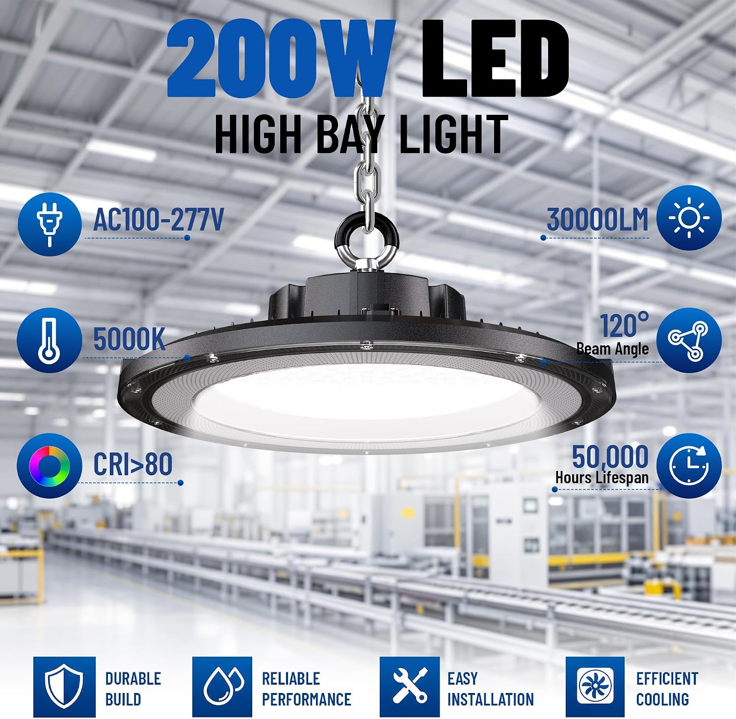UFO LED High Bay Lights 200W 1 Pack 5000K with 5ft Plug | Super Bright 30000LM, AC100-277V, IP65 Rated Commercial Hanging High Bay LED Shop Light for Warehouse Workshop Garage Plug in