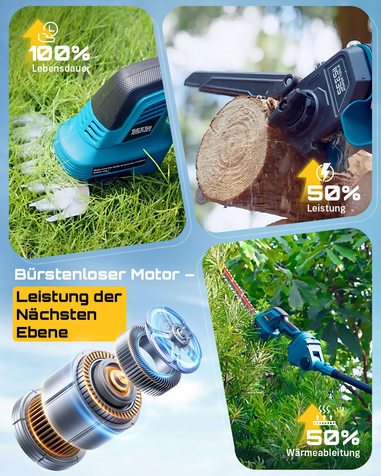 SEESII 6-in-1 Mini Kettensäge & Akku Heckenschere Set, Hochentaster mit 2 * 4000mAh Akkus, Maximale Reichweite bis zu 4,57m, Geeignet für Gartenpflege und zum Holzfällen