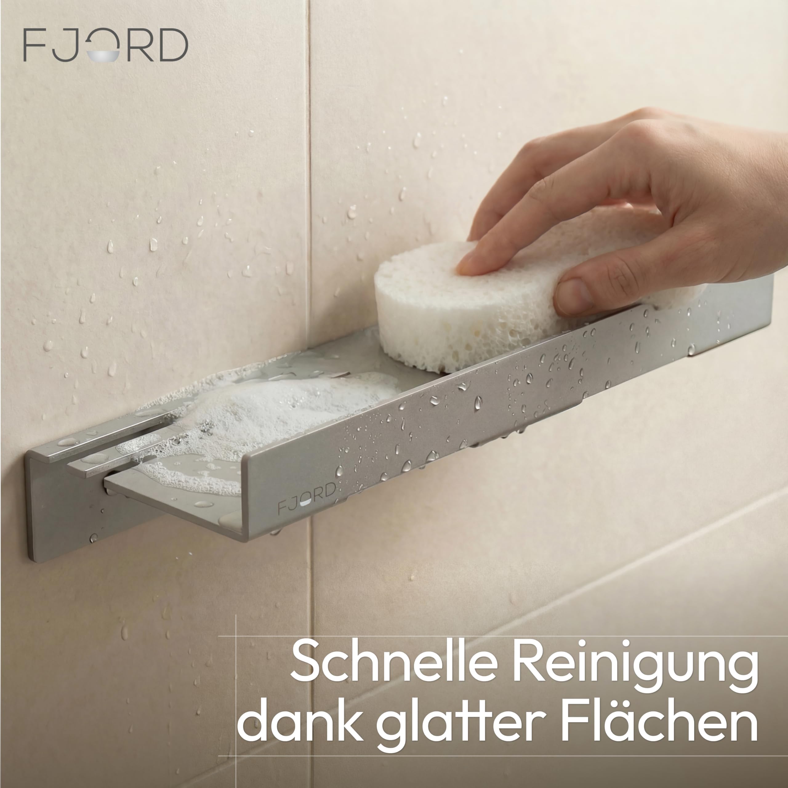 FJORD Flow Premium Duschablage ohne Bohren [Matt Silber] – Design Duschregal mit integriertem Rasiererhalter – Rostfreies Aluminium – Selbstklebend mit Hybrid-Haftsystem – Modernes Badzubehör