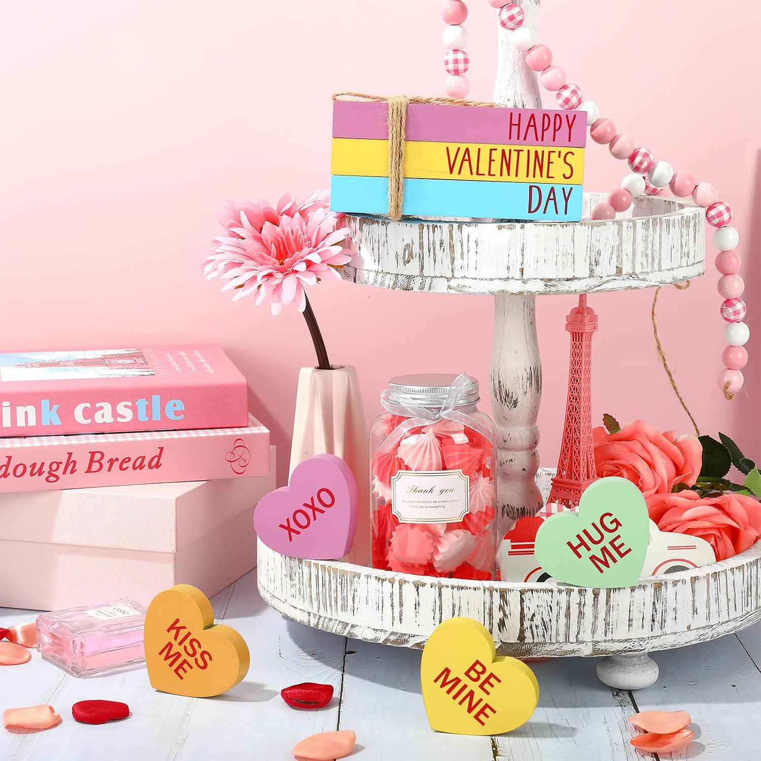 Whaline Valentine's Day Faux Stacked Books Conversation Heart Tiered Tray Decor Candy Decorative Wooden Table Centerpiece Block Signs for Party Home Kitchen Dining Table Decor image 5