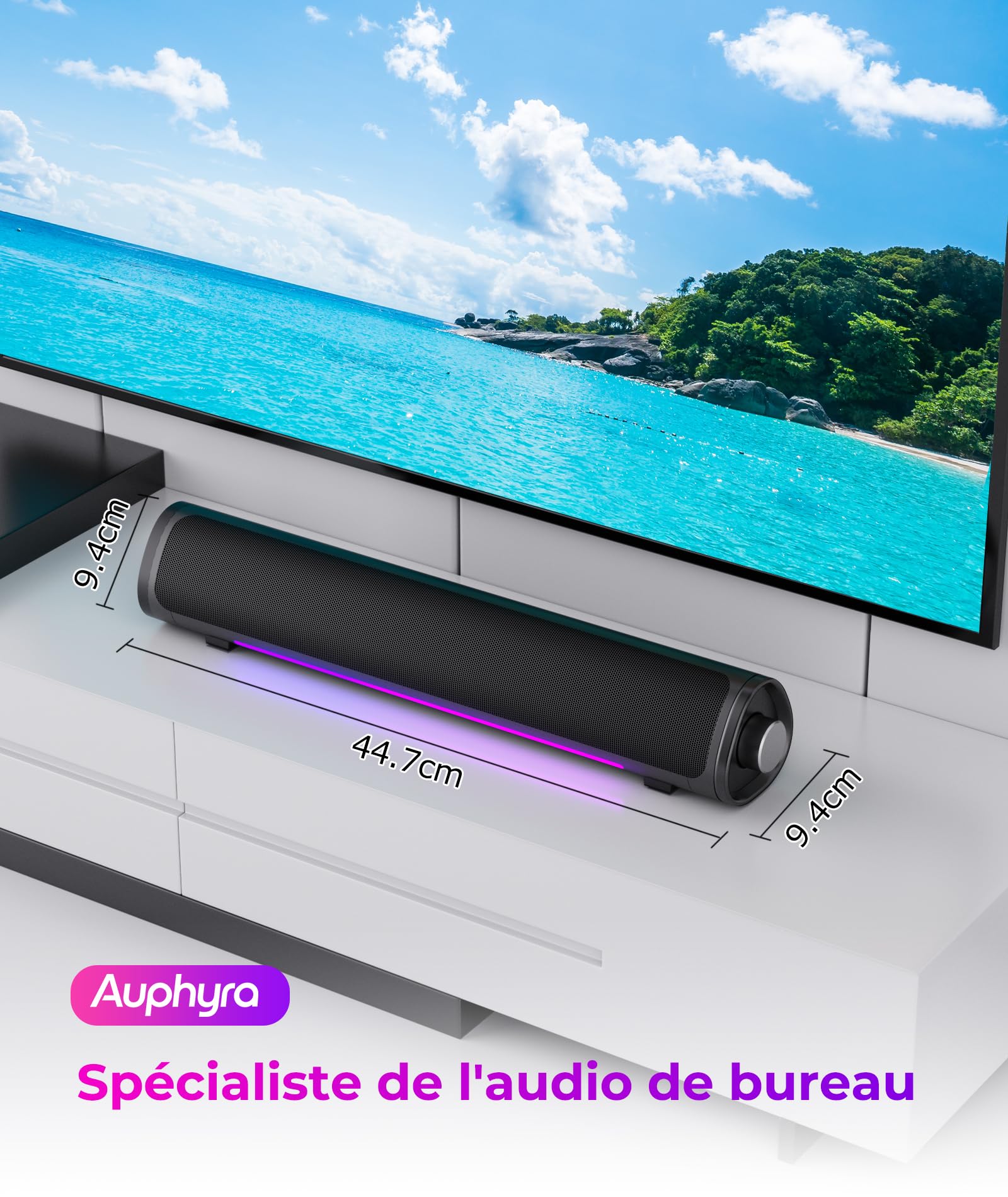 Enceintes d'Ordinateur de Bureau et Gaming, Barre de Son, Plug and Play – Alimentation USB d'Audio 3,5 mm, Éclairage RVB Dégradé, Commande à un Bouton, pour PC/Portable/Moniteur (USB et 3,5 mm)