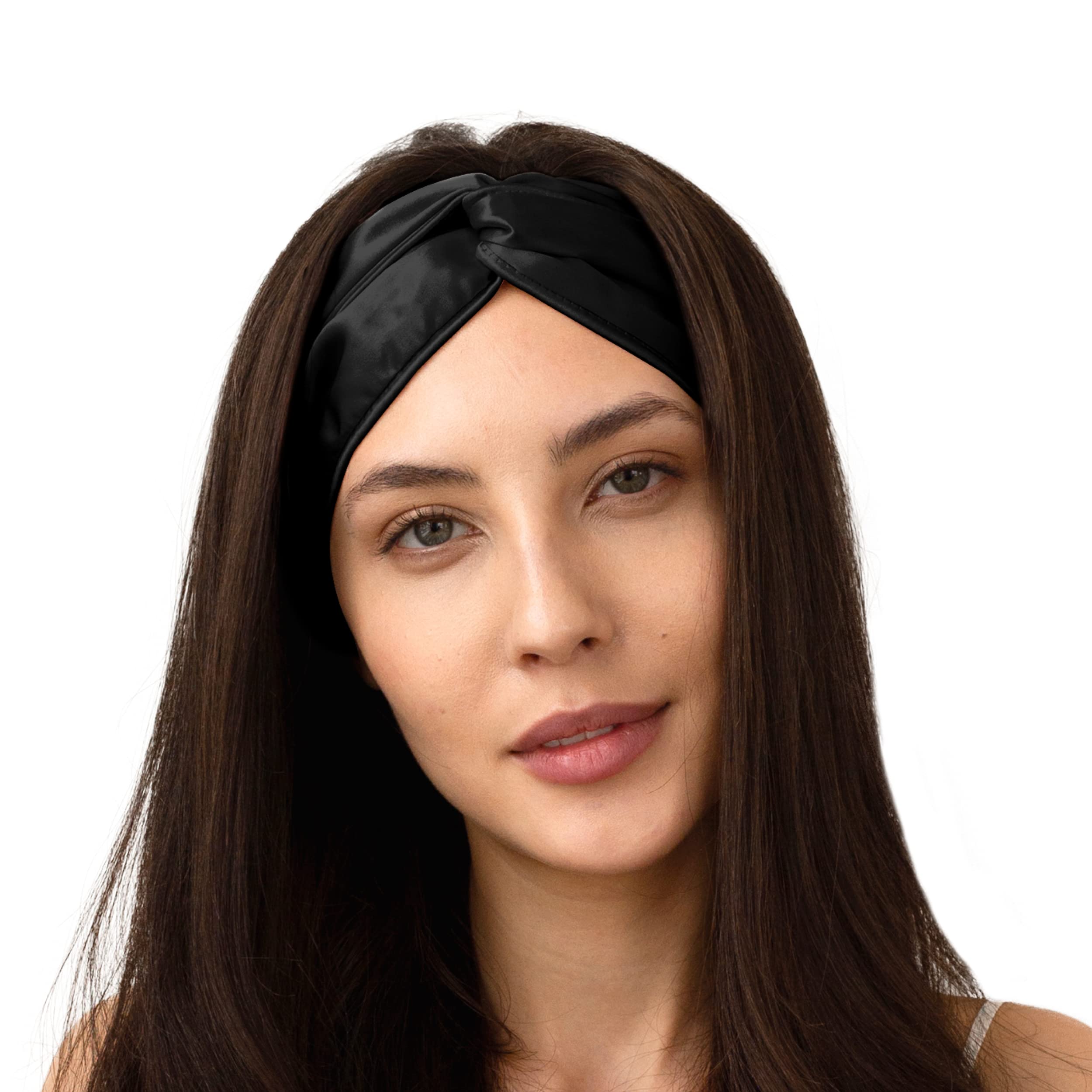 New Blissy Beauty Black Mulberry Silk Glam Band Adjustable Headband Slip Pure Silk Knot Headband, Mulberry 22 Momme Silk, Black  main image 3