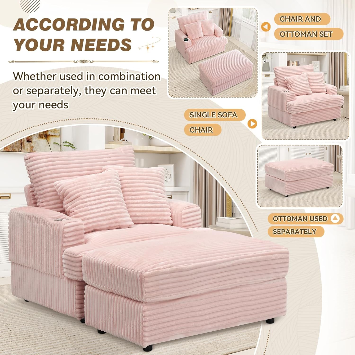 Antetek Corduroy Chaise Lounge Chair Indoor with Cup Holder, Modern Upholstered Single Accent Sofa Arm Chair with Ottoman, for Bedroom, Living Room, Easy to Install, Pink