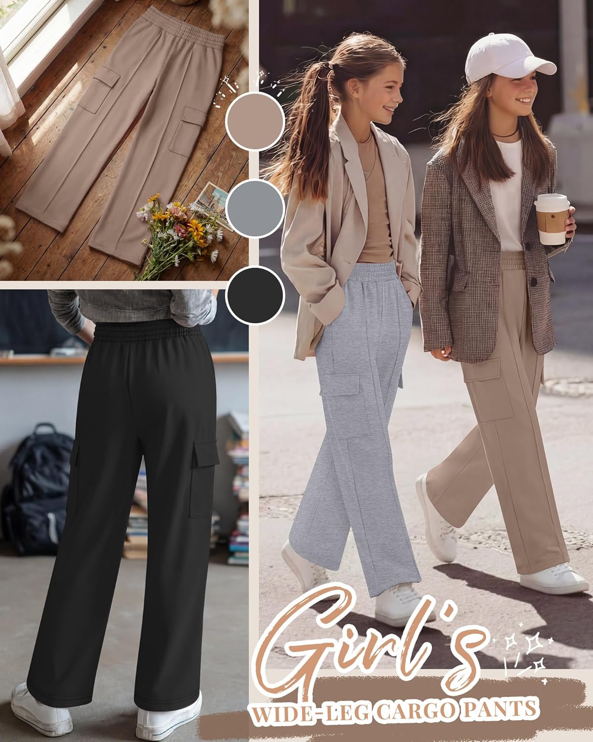 3 Pack Girls Wide Leg Sweatpants Cargo Pants High Waisted Baggy Causal Loose Kids Elastic Waistband Pants Joggers - Image 3