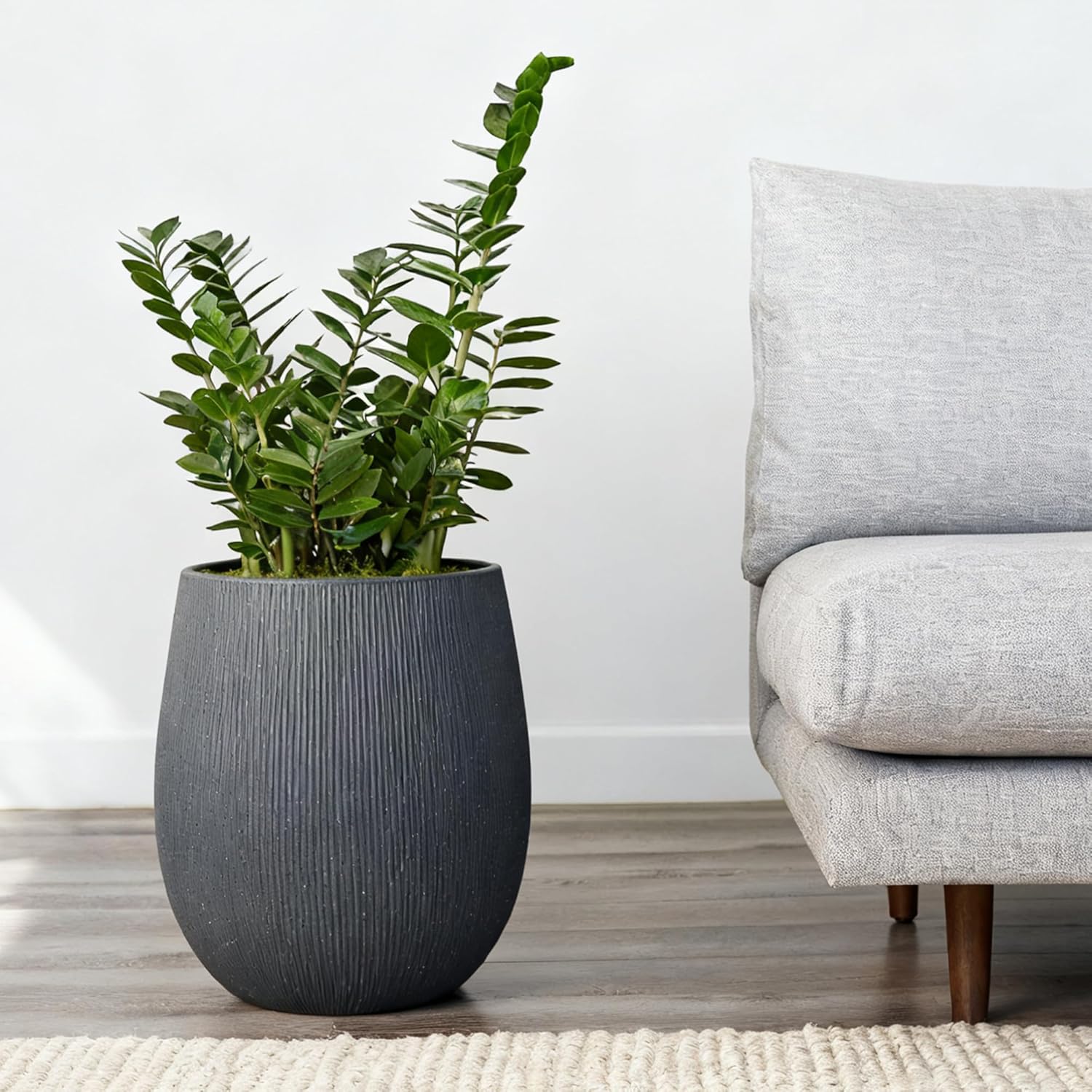 Worth Garden Dark Gray Round Planter, 9" Dia x 13" H Lightweight Magnesium Oxide Cement Plant Pot with a Striped Textured Finish, Raised Pattern Concrete Look, Drainage Hole, Indoor & Outdoor Use