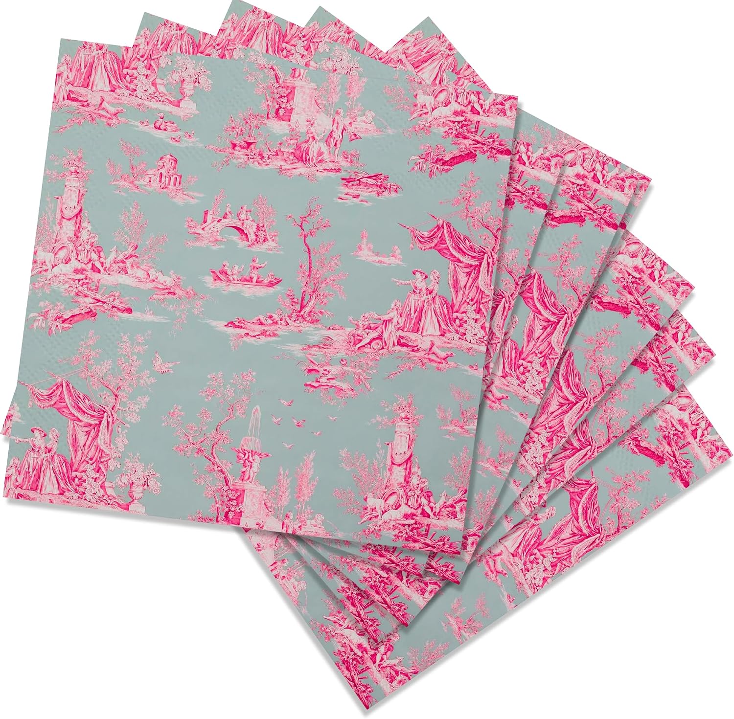 Stxy's (3ply) 60ct Pink Toile Paper Napkins Vintage Cocktail Napkins for Girl or Boy Baby Shower, French Pink and Blue Toile Napkin Pack for decoupage, baby shower