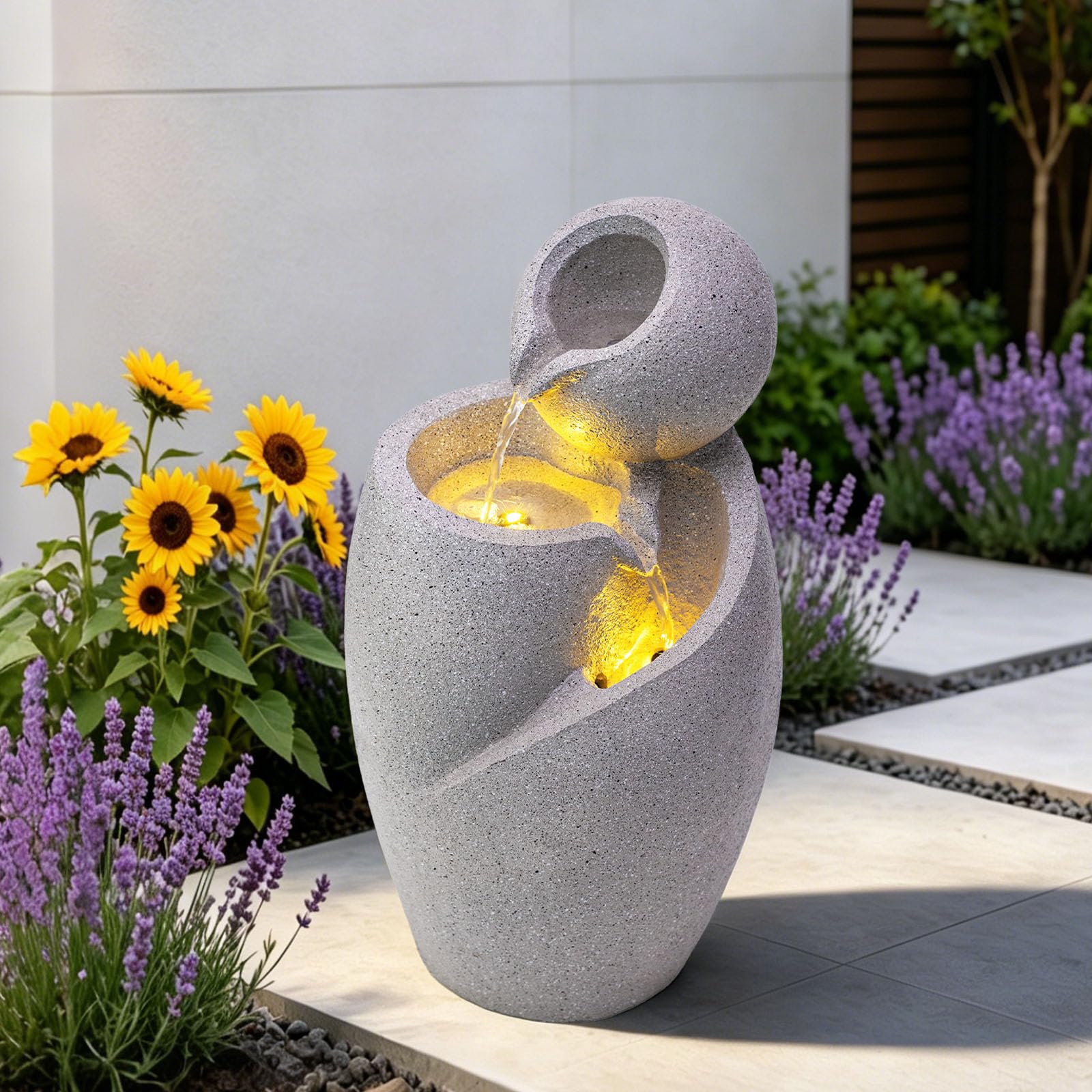 Minimalist Sphere & Vase Outdoor Water Fountain, Resin with LED