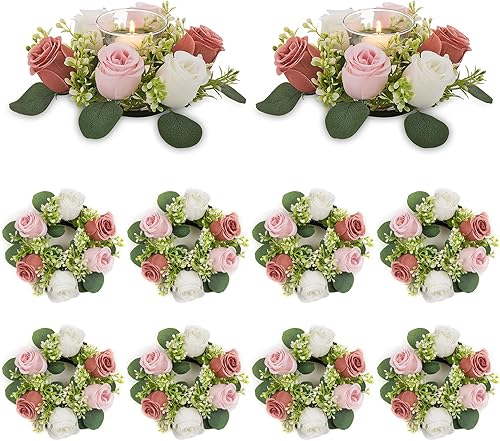 NUPTIO - Centros de mesa de flores artificiales para boda, 10 piezas, diámetro interior de 2.9 pulgadas, blanco y rosa polvoriento, coronas de