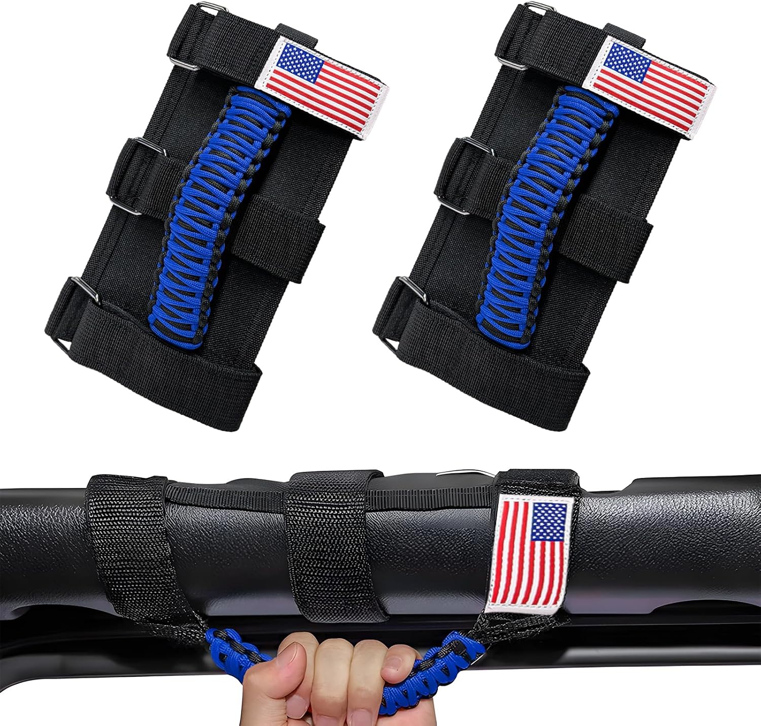 2 PCS Roll Bar Grab Handles, Oxford Cloth ATV Paracord Grip Handles & Metal Buckles, Breathable American Flag Enhanced Grab Straps for Wrangler JL JK TJ & Gladiator JT (Black)