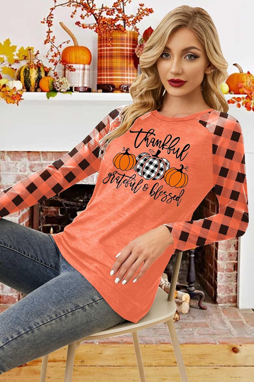 Thanksgiving Shirts for Women: Thankful Pumpkin Graphic T-Shirt Casual Turkey Fall Long Sleeve Tee Tops - Image 4