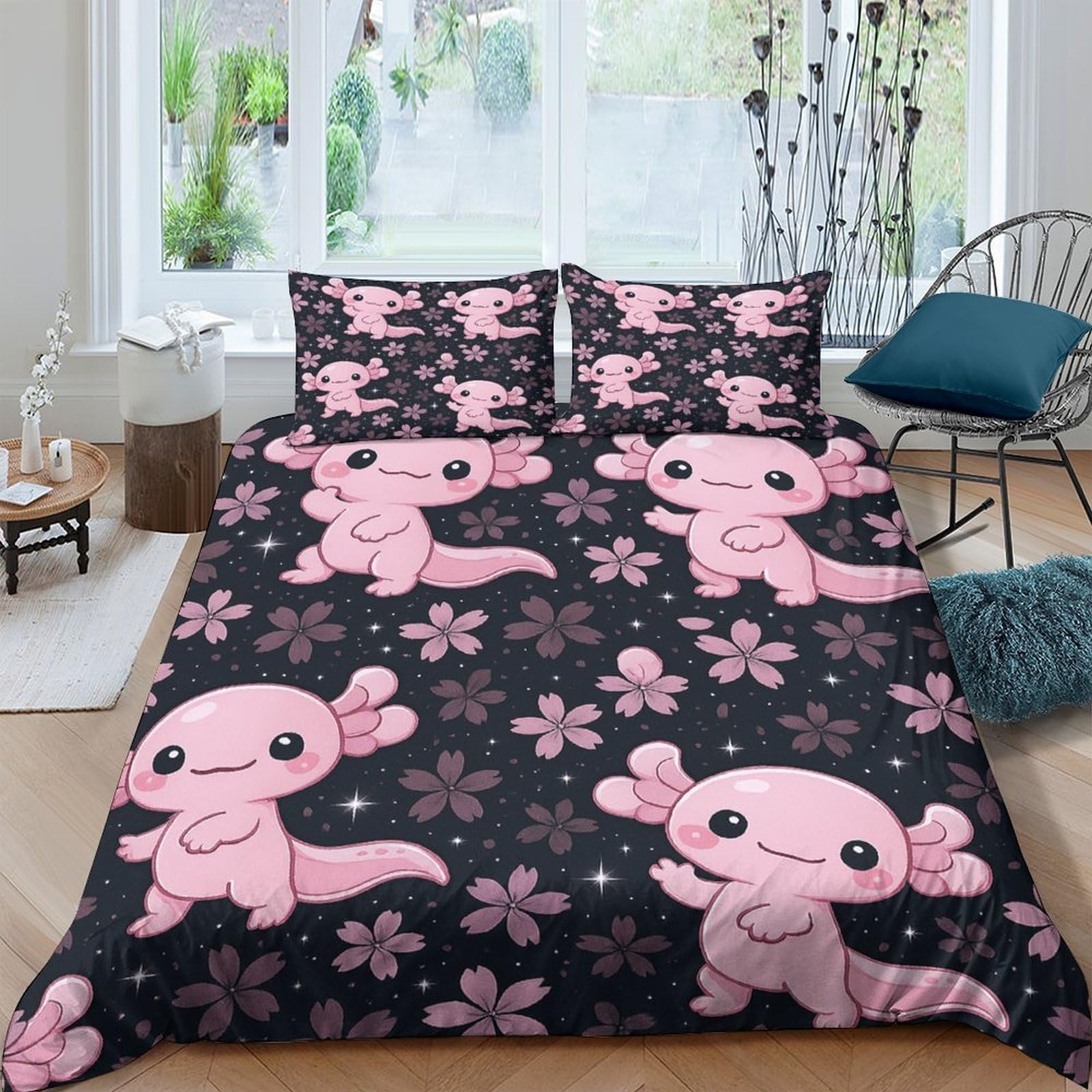 Ctjqhvkz Style-7 3D Printed Pink Axolotl Fitted Sheet Microfiber Soft Black Cartoon Flower Mattress Cover Bedroom Dorm Decor Single（135X200cm）