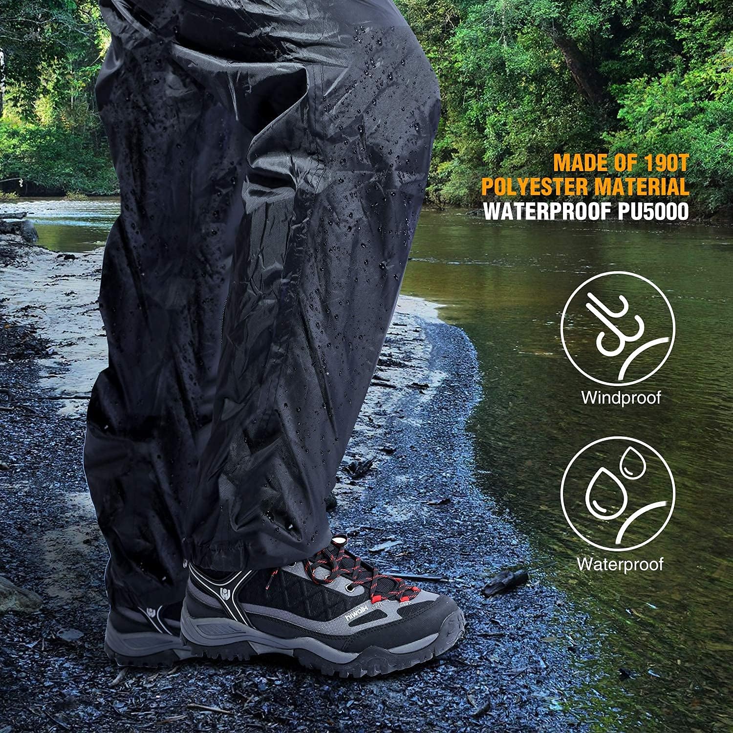 Person wearing REDCAMP rain pants by a river, with icons indicating windproof and waterproof features