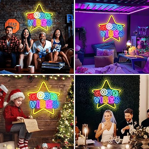 Miniatura 7 de Good Vibes - Letrero de neón LED, colorido letrero de neón de estrella para decoración de pared de 15.7 x 15.7 pulgadas, luces de neón iluminadas
