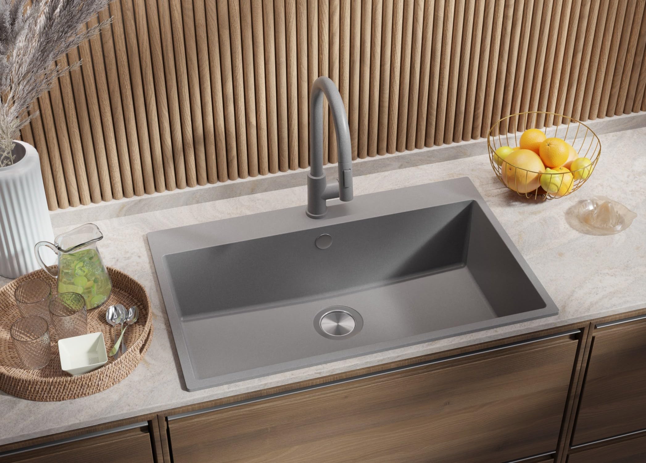 PRIMAGRAN Evier Cuisine en Granit Gris - Riga, 78x50cm | Lavabo 1 Bac + Kit de Vidage, Évier à Encastrer au Meuble 80cm (S399)