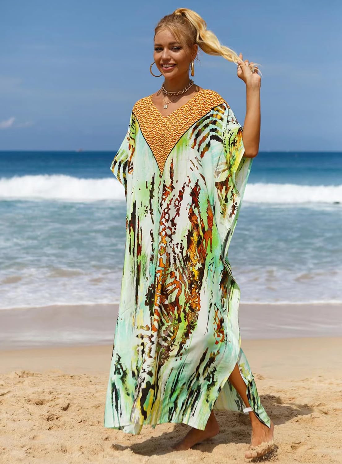 Women's V-Neck Batwing Sleeve Kaftan Dress Lightweight Beach Swimwear Cover Up for Mumu Tropical Vacation - Image 2