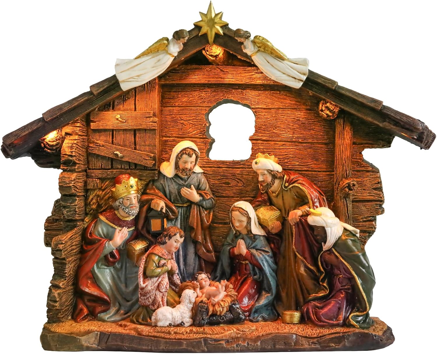MUMTOP Nativity Set with Manger, Resin Nativity Set Figurine with LED Lights and Music, Christmas Nativity Scene Sets for Tabletop Holiday Home Chapel Christmas Indoor Decorations