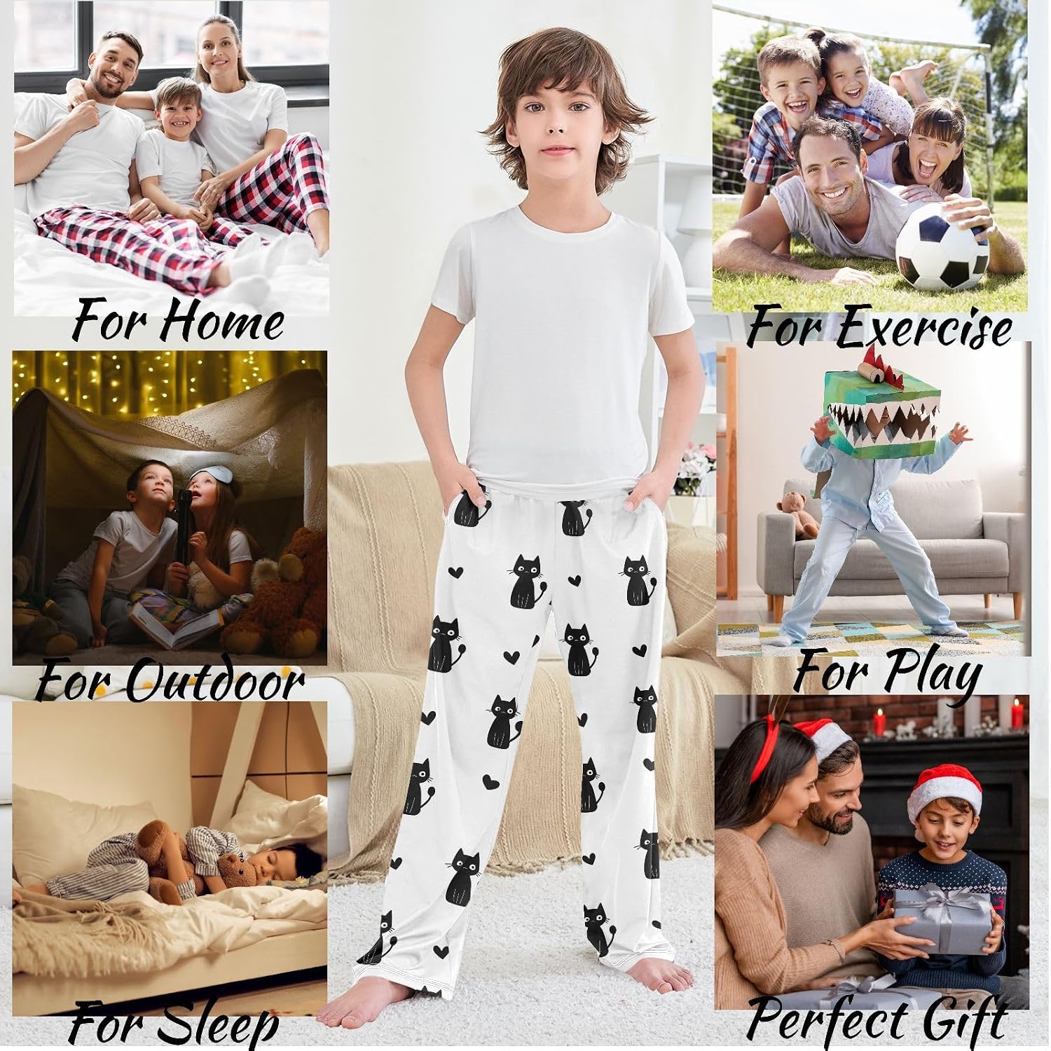 visesunny Boys' Pants Kawaii Cats Silhouette Heart Jogger Pants Elastic Waist Long Bottoms Trousers Pockets S-XL
