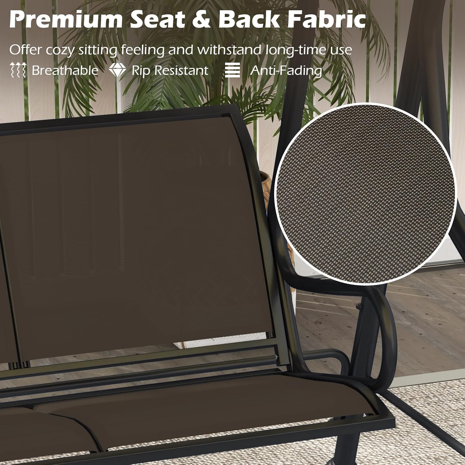 Tangkula 3 Person Porch Swing, Patio Swing with Adjustable Canopy, Heavy-Duty Metal Frame & Breathable Seat, Outdoor Metal Swing for Backyard, Poolside, Balcony, Garden, 1000 lbs Max Load (Brown)