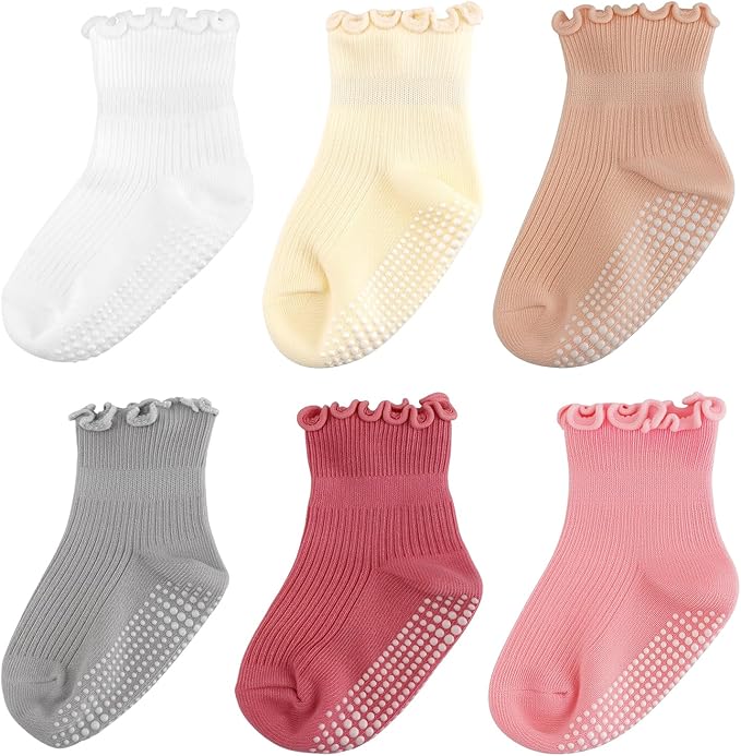 Henland-Jump 6 Pairs Toddler Ruffle Socks for Girls - Baby Grip Socks with Non-Slip, Cute Grippy Frilly Design