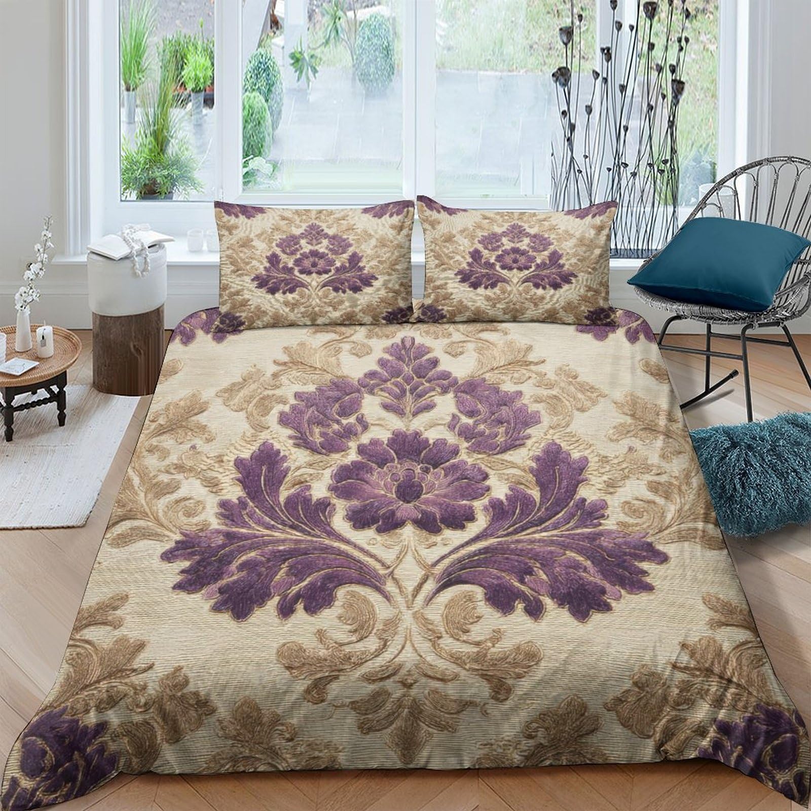 Ctjqhvkz Style-4 3D Printed Vintage Floral Fitted Sheet Microfiber Purple Baroque Pattern Mattress Cover For Bedroom Guest Room Decor Single（135X200cm）