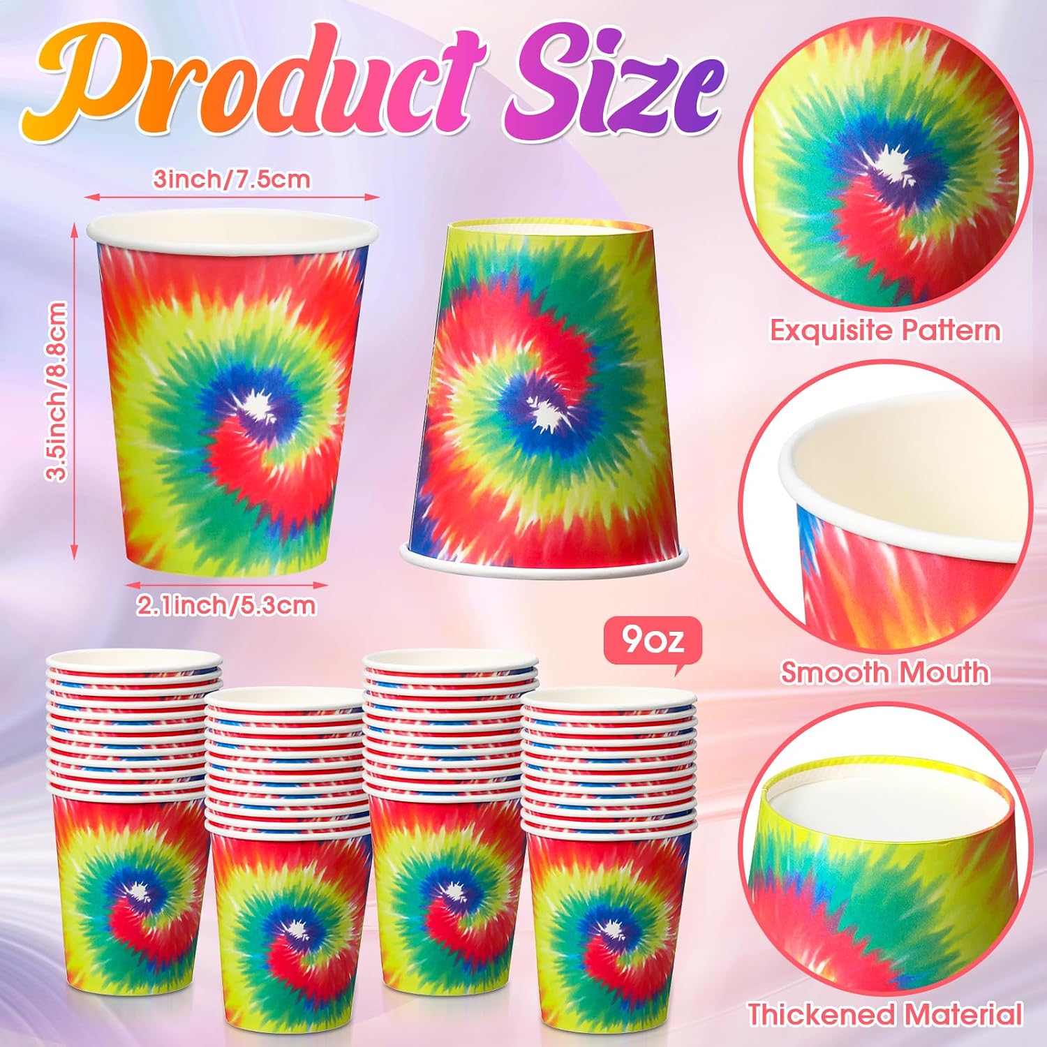 FillTouch 100 Pack 9 oz Tie Dye Cups Tie Dye Birthday Party Decoration Hot Cold Beverage Paper Drinking Coffee Cups Disposable Drinkware Supplies for Tie Dye Birthday Party image 2