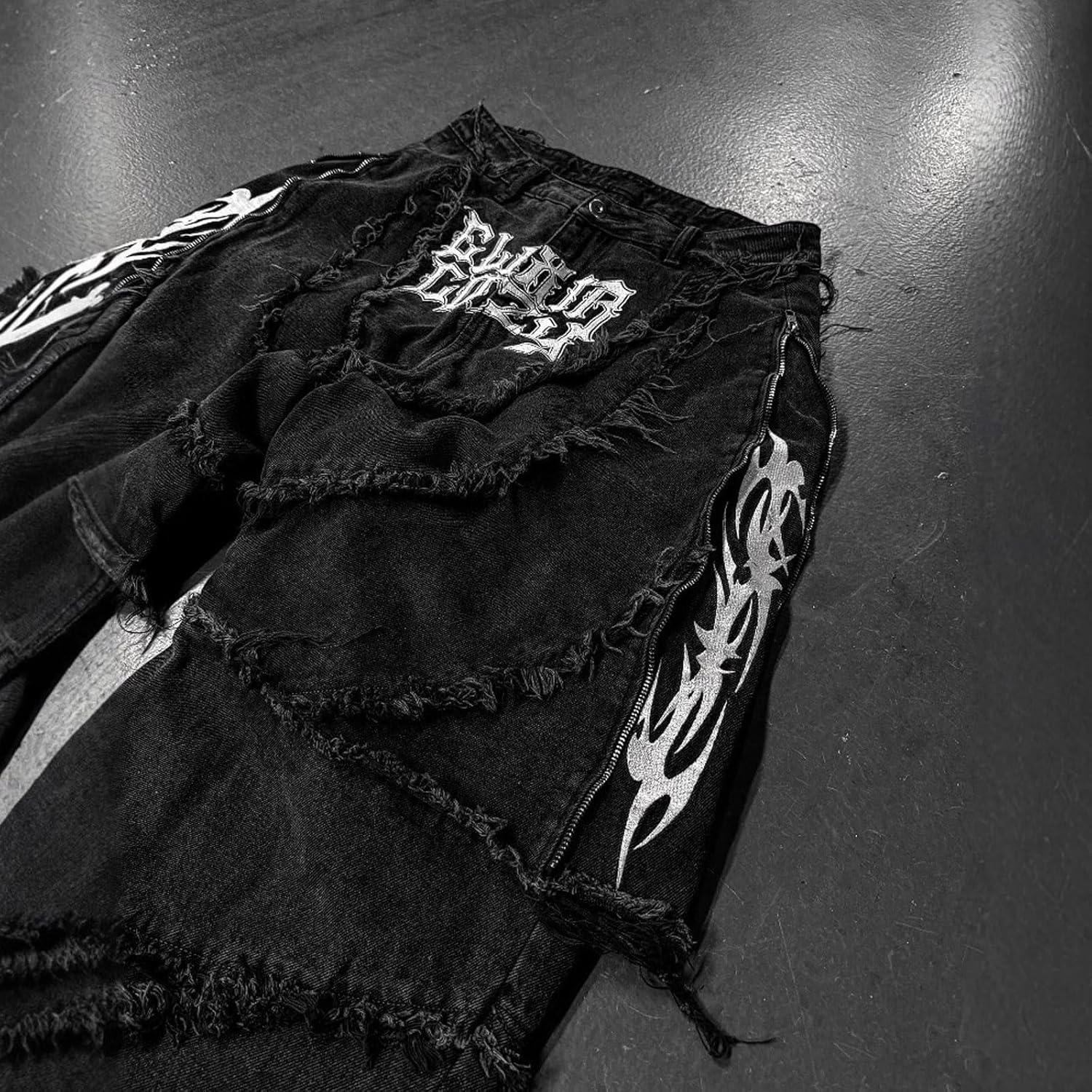 Men's Hip Hop Splicing Wide Leg Y2K Jeans Women's Gothic Zipper Splicing Straight Tube Loose Embroidered Edge Pants